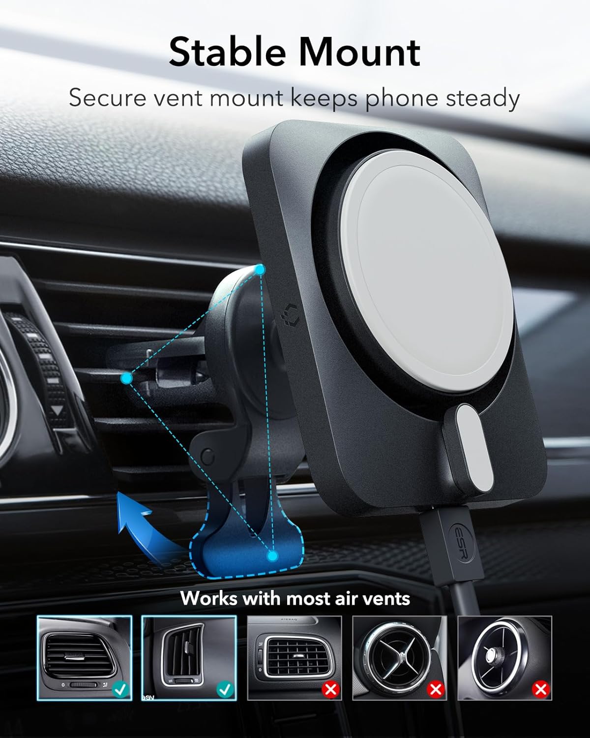 Thumbnail 5 de ESR MagSafe Car Mount Charger with CryoBoost: 15W Fast Charging and Cooling for iPhone 17e–13/12 Series