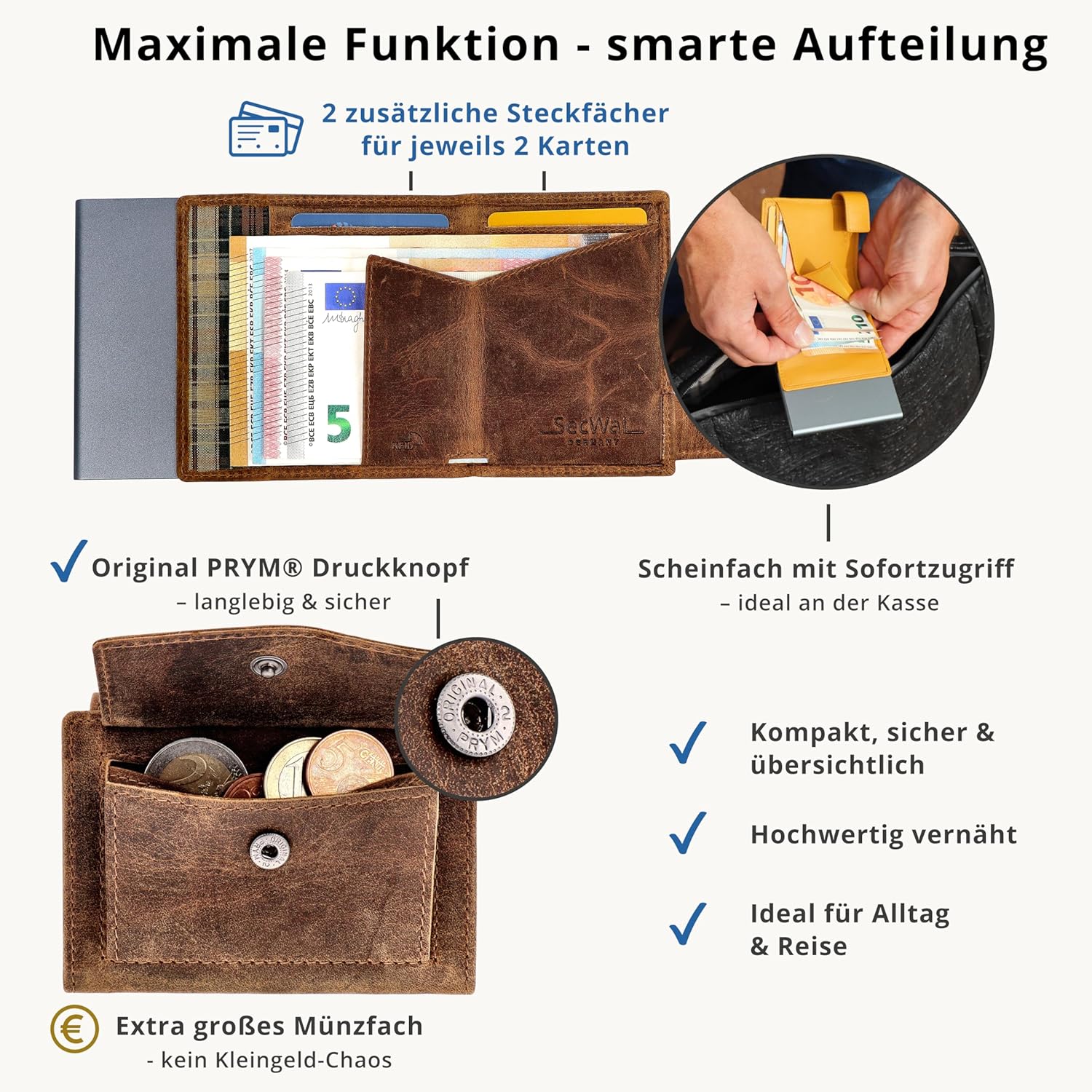 Detalle de SecWal Kartenetui mit Münzfach Druckknopf – Echtleder Geldbörse, RFID-Schutz, Made in Germany