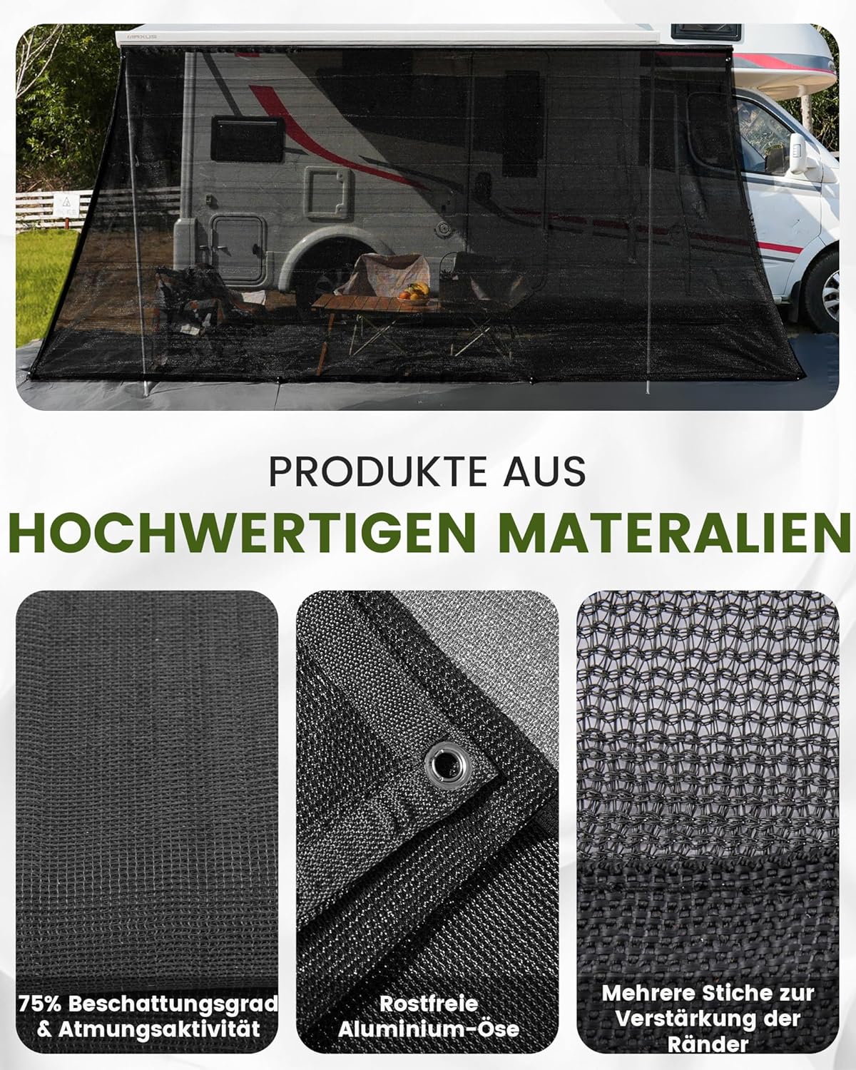 Detalle 2 de FoundGo Sonnenschutz Markise Wohnmobil 200 x 430 cm – Sunblocker Vorderwand mit Keder, 220 g/m² HDPE, 75% Sichtschutz