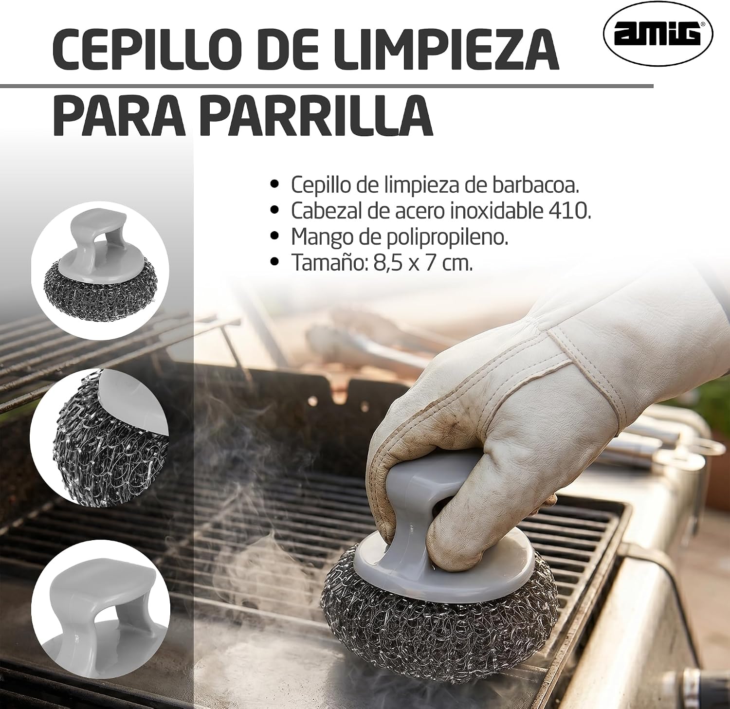 Detalle de Amig AM19 Spazzola per la pulizia della griglia rotonda – Acciaio inox 410, manico in PP