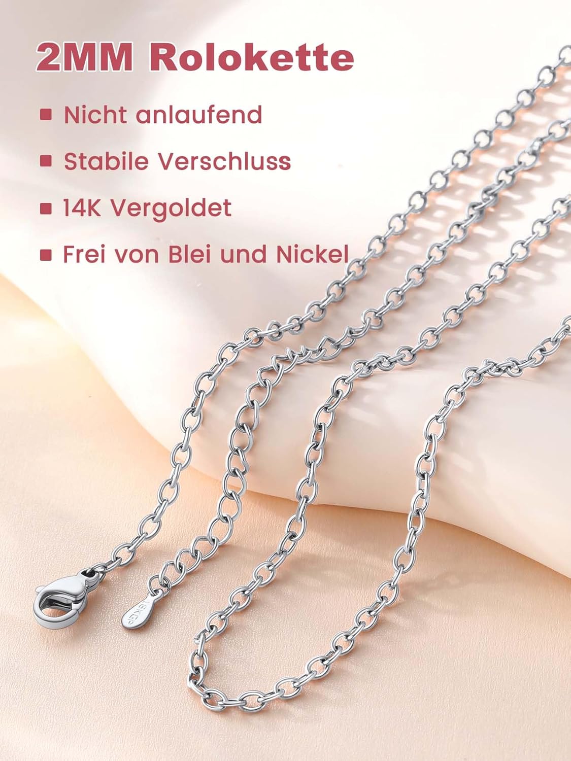 Thumbnail 2 de FOCALOOK Edelstahl Damenkette 1,4/2 mm – dünne Rolokette, hypoallergen, wählbare Länge 35–75 cm
