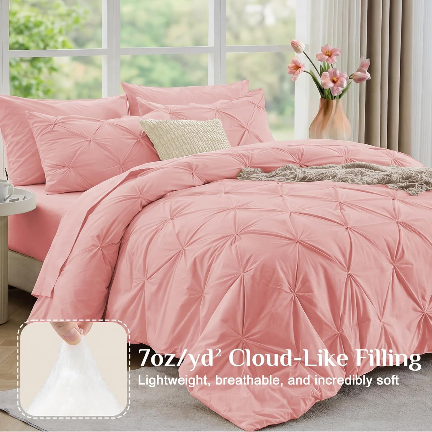 Thumbnail 3 de JOLLYVOGUE Queen Comforter Set (7-Piece) with Pintuck Microfiber Bedding, Pink
