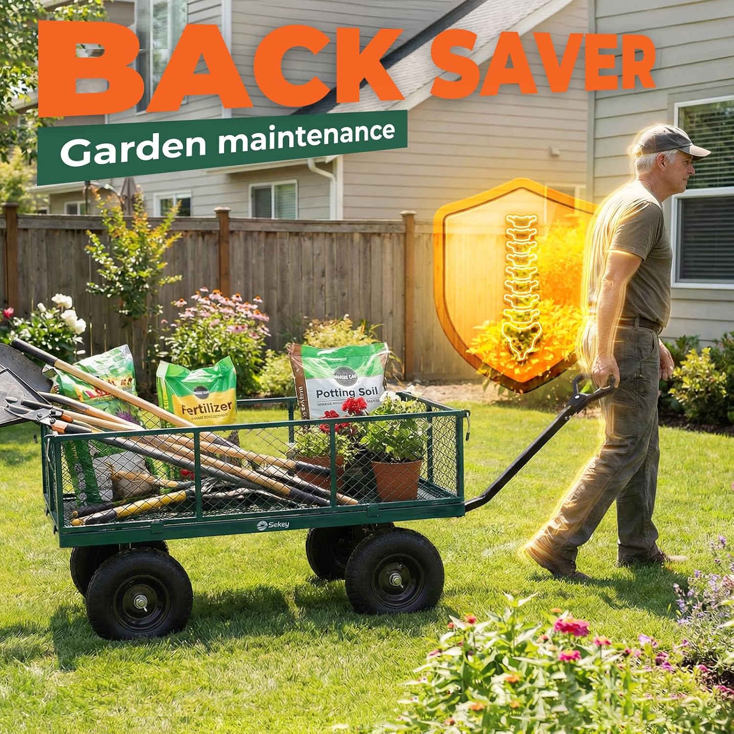 Detalle 1 de Sekey GW17 Steel Garden Cart with 7.7 Cu. Ft. Bed, Removable Sides