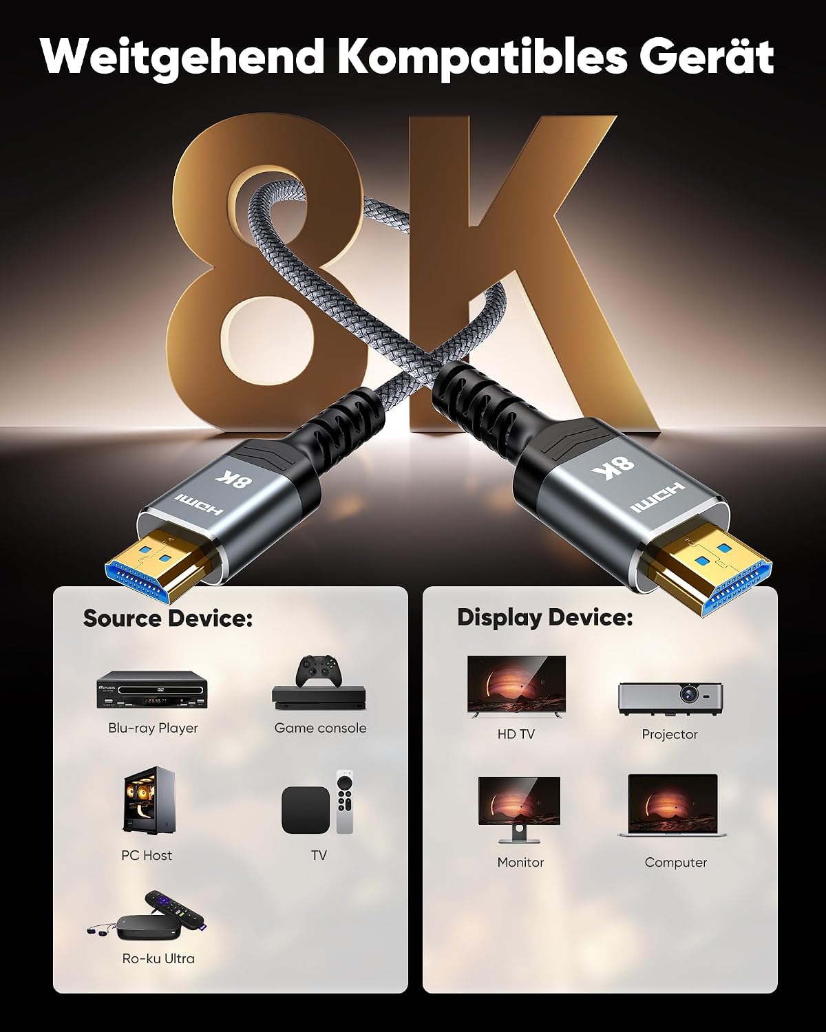 Detalle de SNOWKIDS Glasfaser HDMI Kabel 15 m – 8K/HDMI 2.1 (48 Gbps) für 8K@60Hz und 4K@120Hz