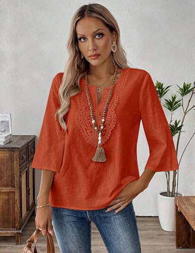 Thumbnail 2 de Rapbin Women's Tops: 3/4 Sleeve Cotton Linen V-Neck Boho Lace Blouse