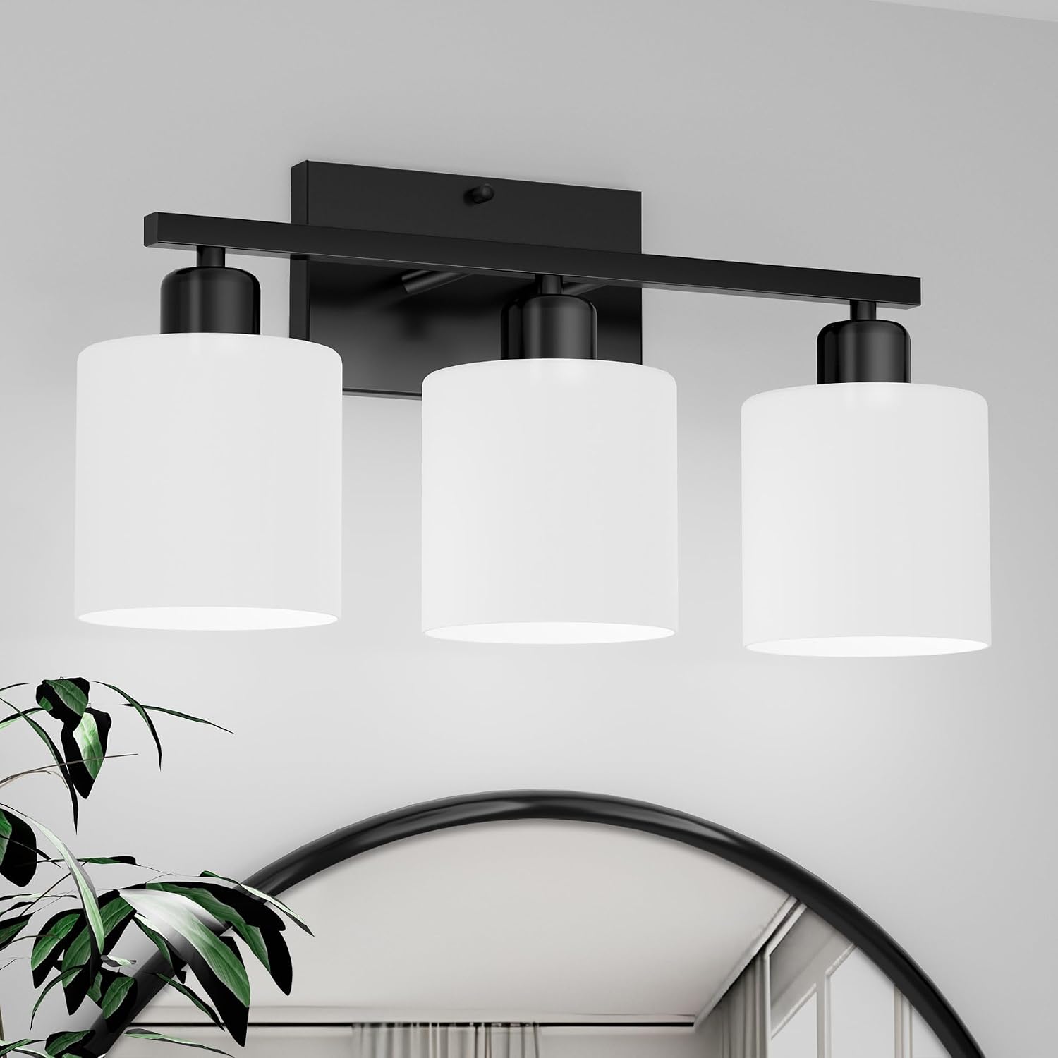 Detalle de Dekang 3-Light Black Bathroom Vanity Light with Milky White Glass Shades