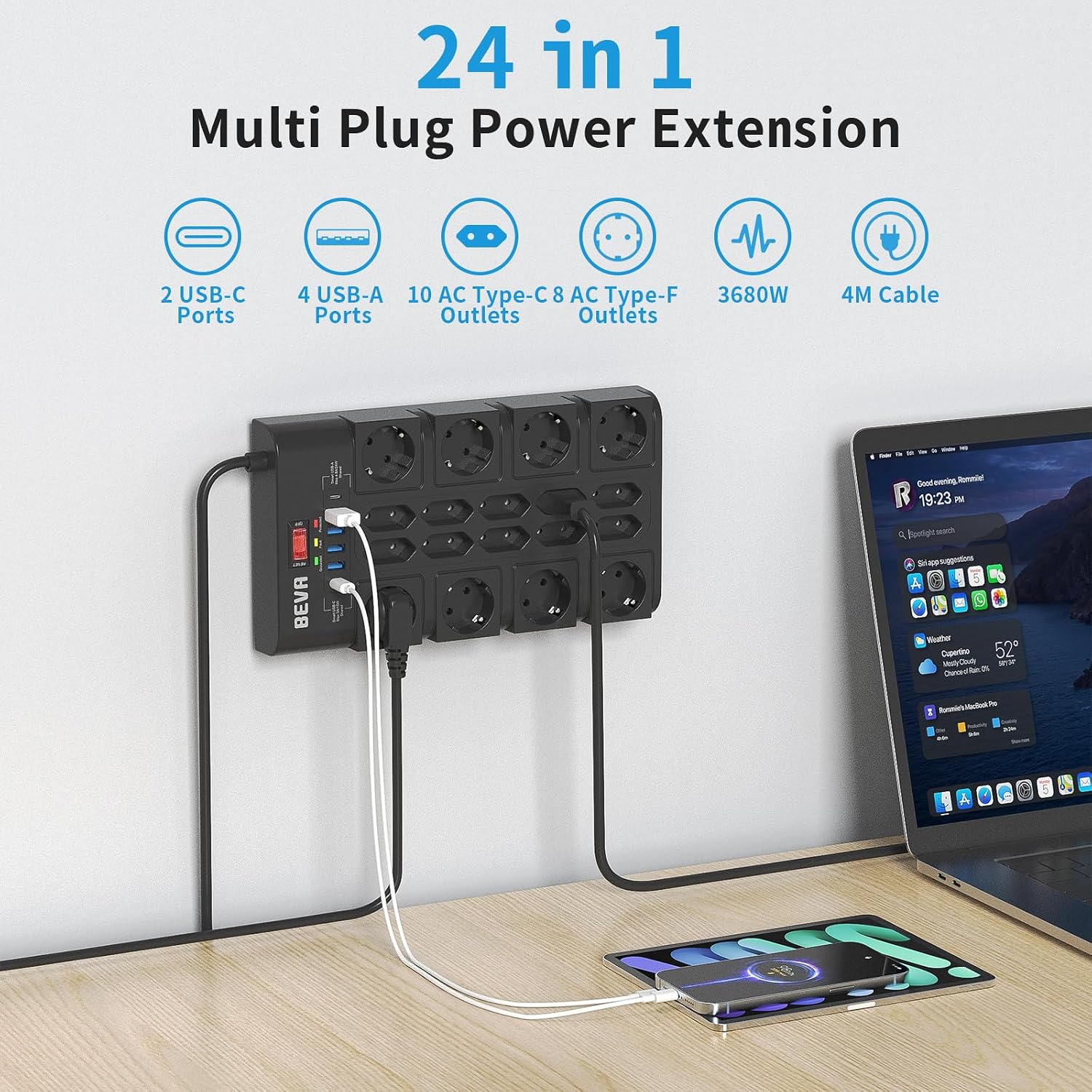 Detalle de BEVA stekkerdoos met 18 stopcontacten, 6 USB-poorten en 4 m kabel
