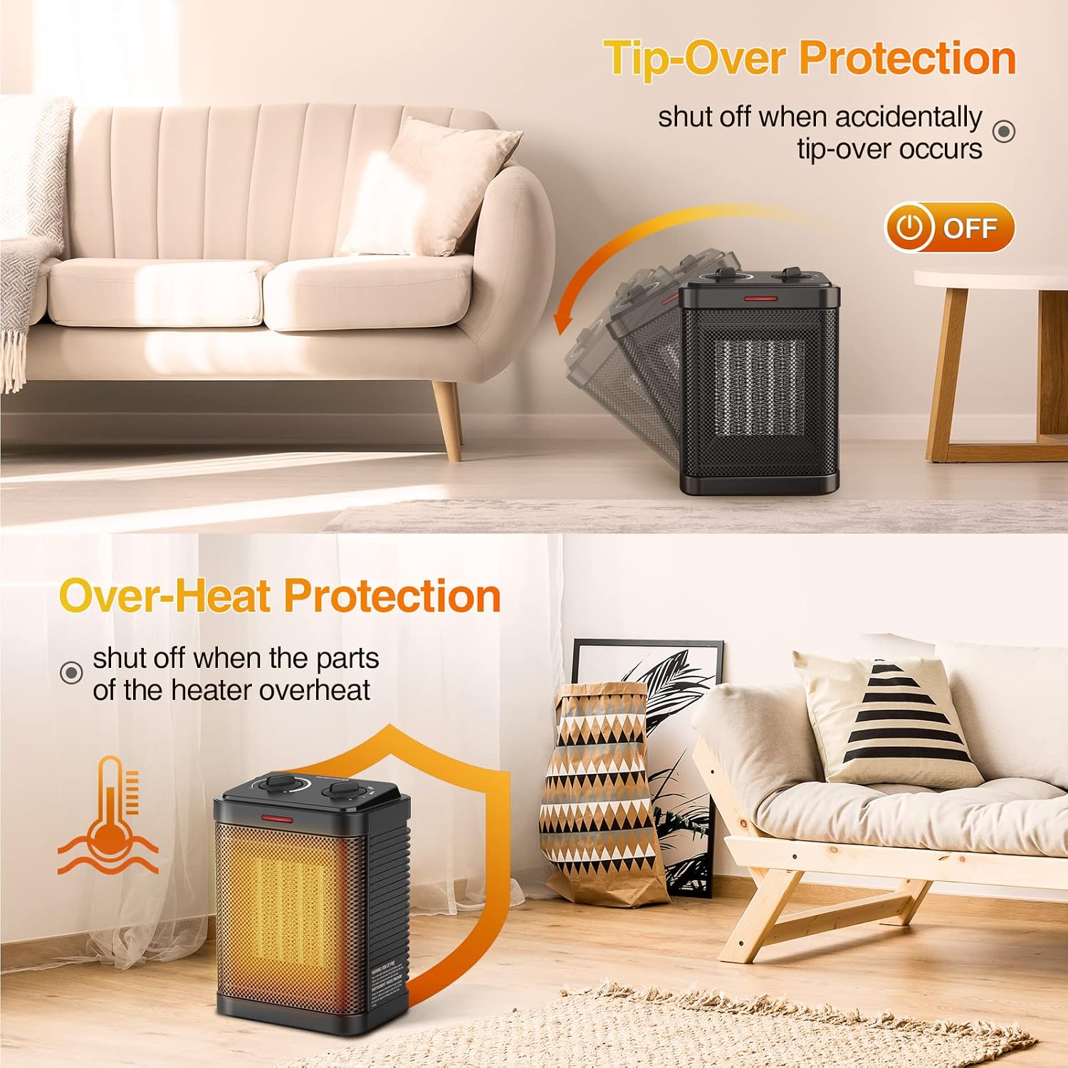 Detalle de Oprunsy PTC-SH002 Ceramic Space Heater, 1,500W, 3 Modes, Adjustable Thermostat