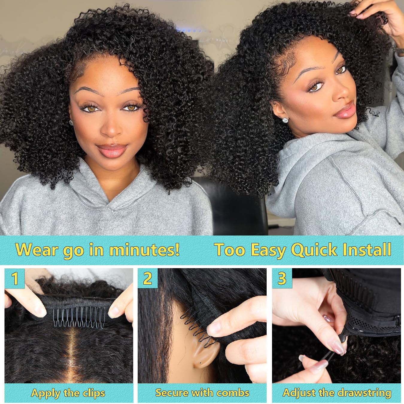 Detalle 2 de VFFTI Kinky Curly Half Wig (Human Hair) — 3-in-1 Drawstring Seamless Flip-Over, Beginner-Friendly