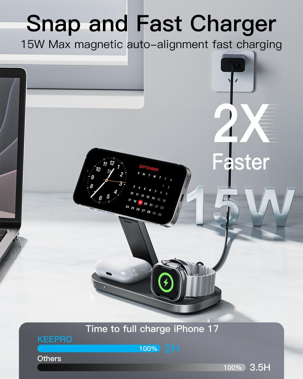Detalle de Keepro 3-in-1 Folding MagSafe Charging Station for Apple Devices