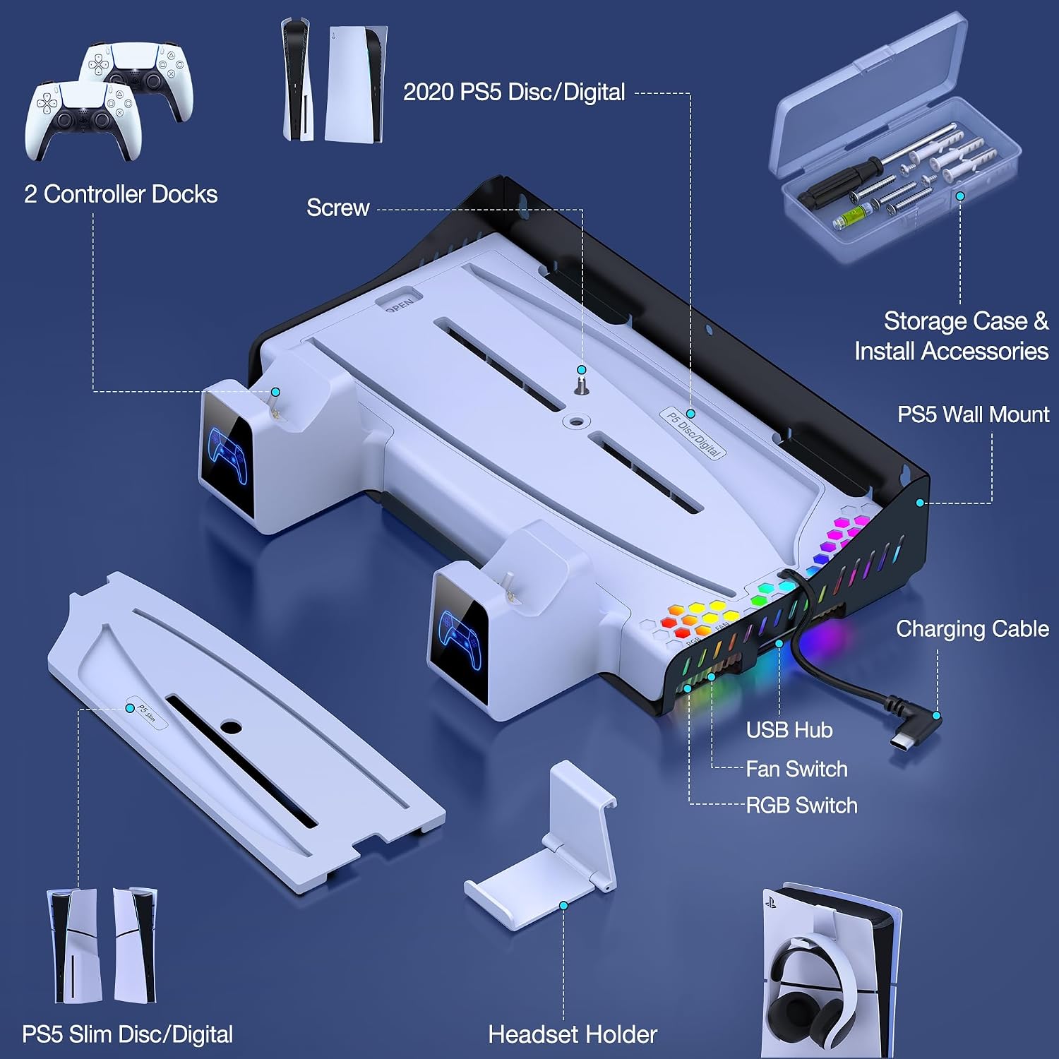 Detalle de HELLCOOL PS5 Wandhalterung: All-in-One Standfuß mit Kühlung, Ladefunktion und RGB für PS5 Slim/Disc/Digital