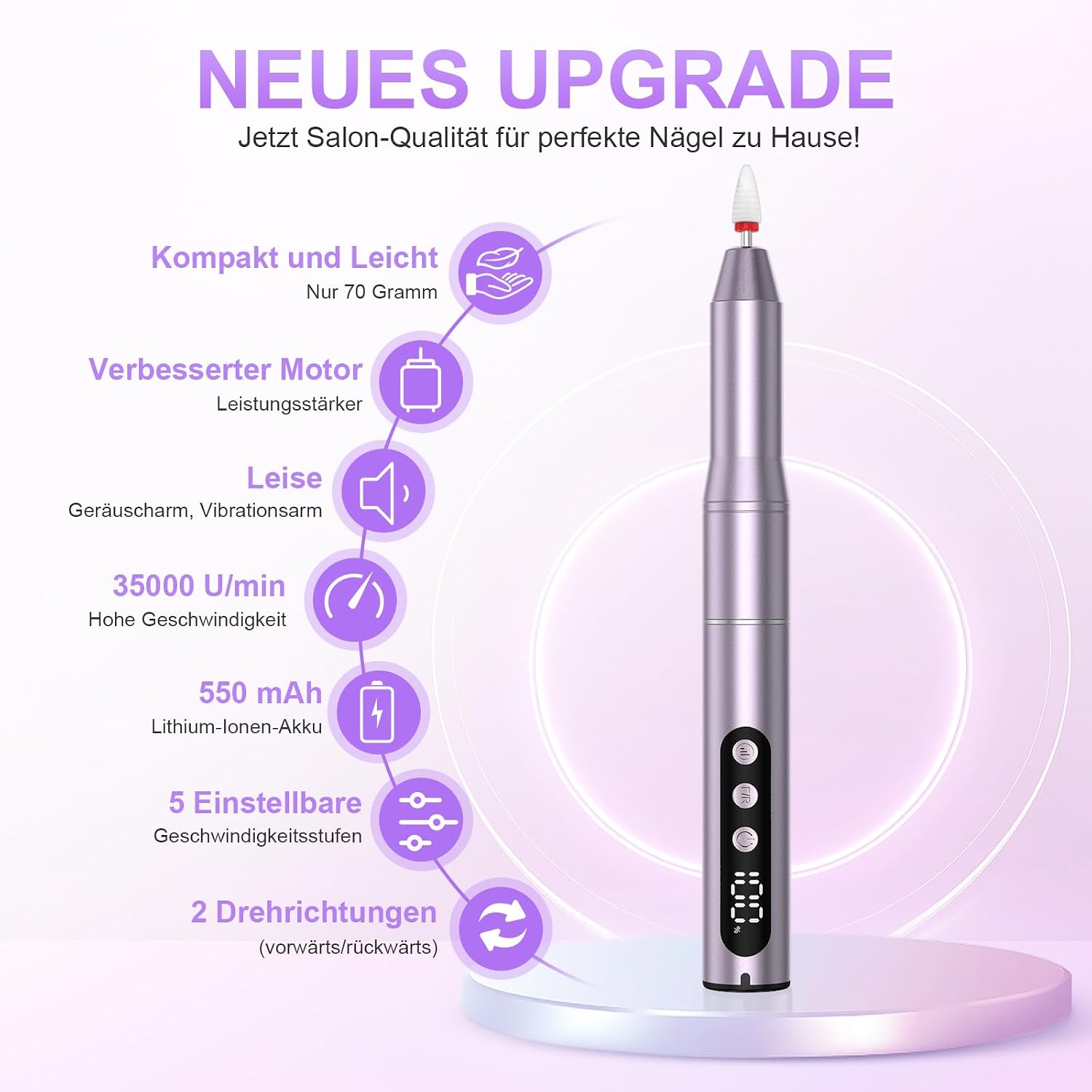 Detalle de POFIBO Nagelfräser Kabellose Elektrische Nagelfeile – 12 in 1, 5 Geschwindigkeiten, LCD, 35000 U/min, Leichtgewicht für Nägel & Acrylnägel