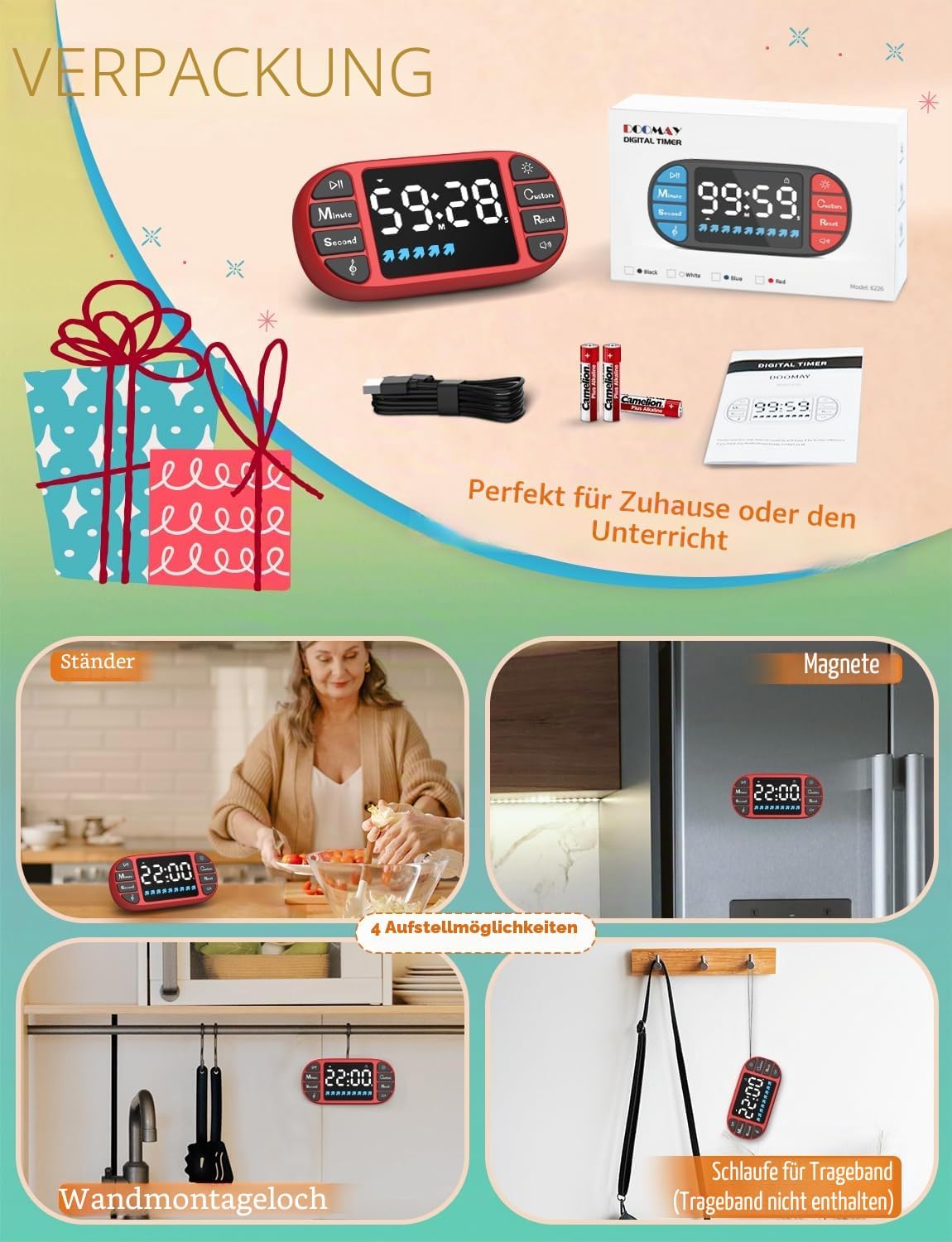 Thumbnail 6 de Digitaler Küchentimer Magnetisch – LED-Anzeige 3,6 Zoll, 4 Alarmtöne, 4 Lautstärken, Kindersicherung (Rot)