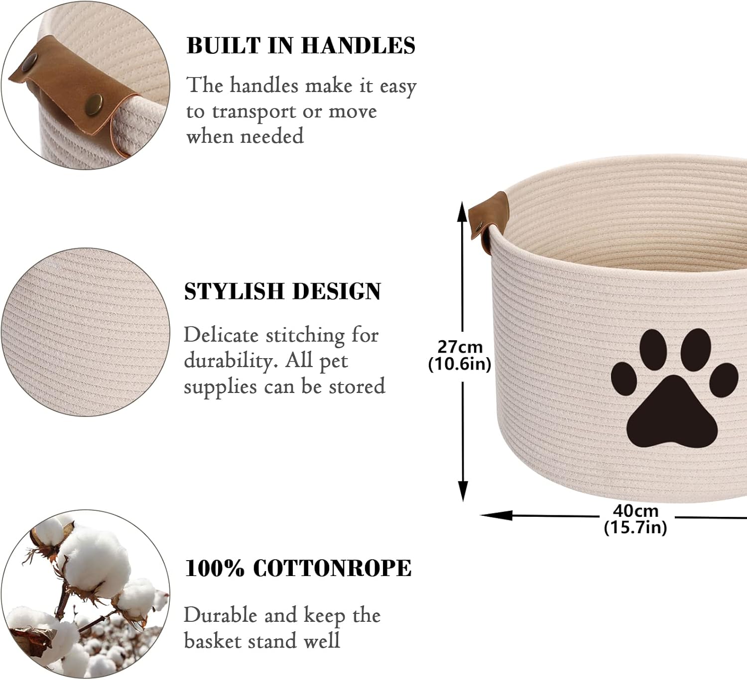Thumbnail 2 de Morezi large beige cotton pet toy storage basket with handles (40cm D x 27cm H)