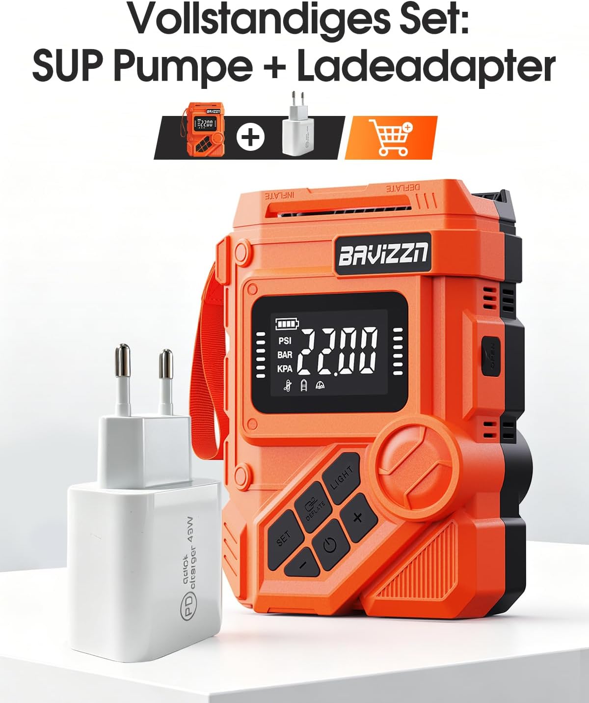 Thumbnail 1 de BAVIZZN 22PSI Akku SUP Elektrische Pumpe – vielseitig, Akku + 12V, 4 Modi, LED