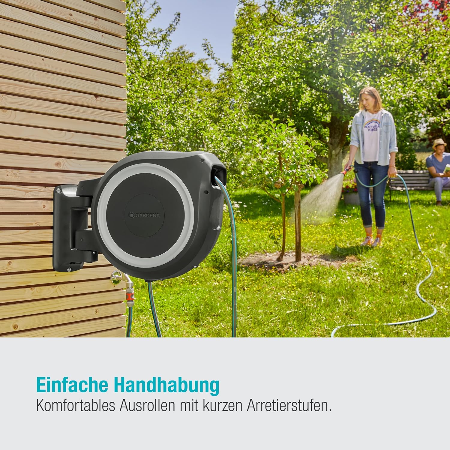 Detalle de Gardena Original Wand-Schlauchbox RollUp L (weiß) 30 m – zuverlässige Bewässerungslösung für große Gärten