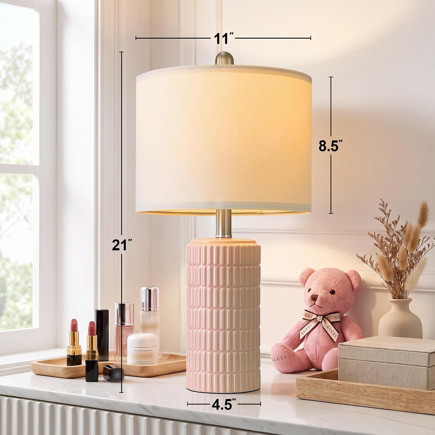 Detalle 2 de PoKat AMZ-T1102S-PK-PCB-1 Ceramic Table Lamp, 21-Inch Pink with Linen Shade