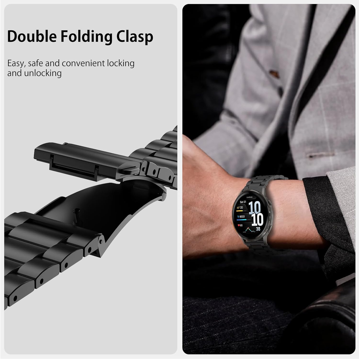 Thumbnail 4 de SumRioo 22mm Stainless Steel Watch Strap for Garmin Venu 4/3/45mm, Forerunner 265/255 Series and Huawei Watch GT 6/6Pro (Black)