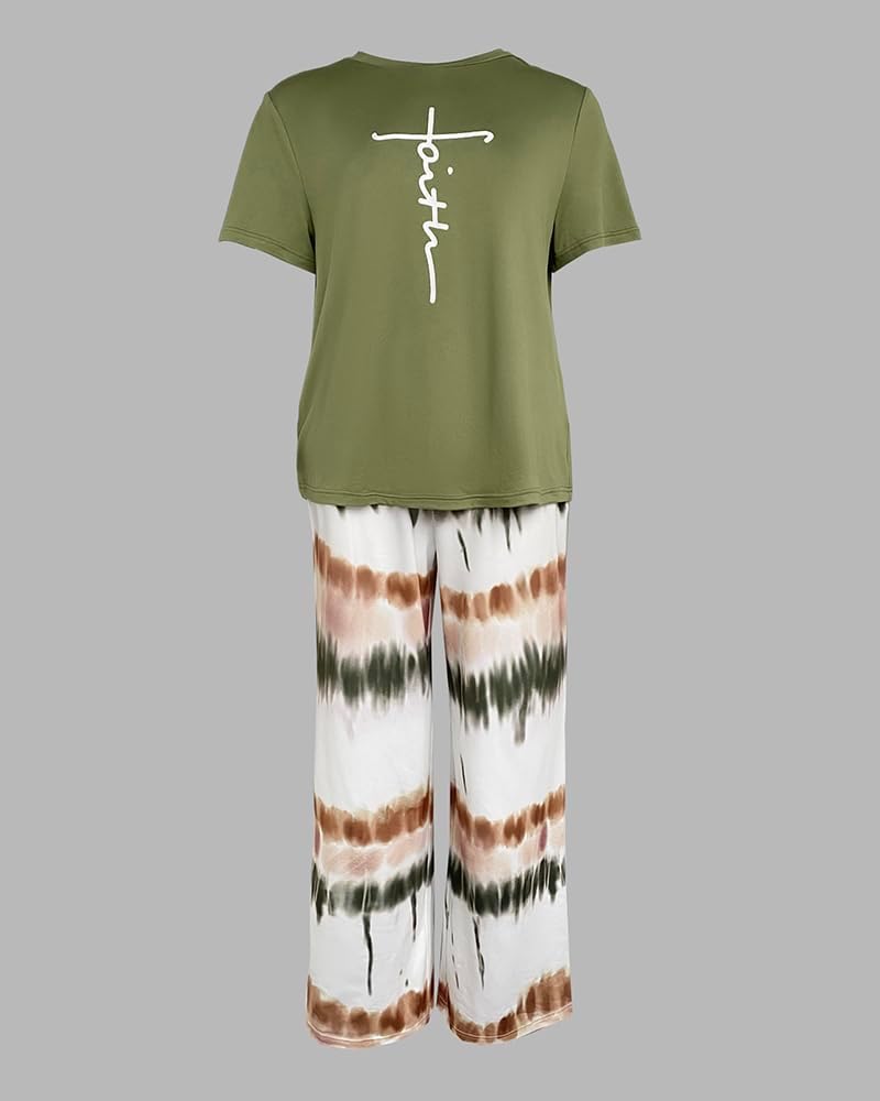 Detalle 2 de CHICME 2-Piece Women’s Pajama Set: Short Sleeve T-Shirt & Printed Loose Palazzo Pants