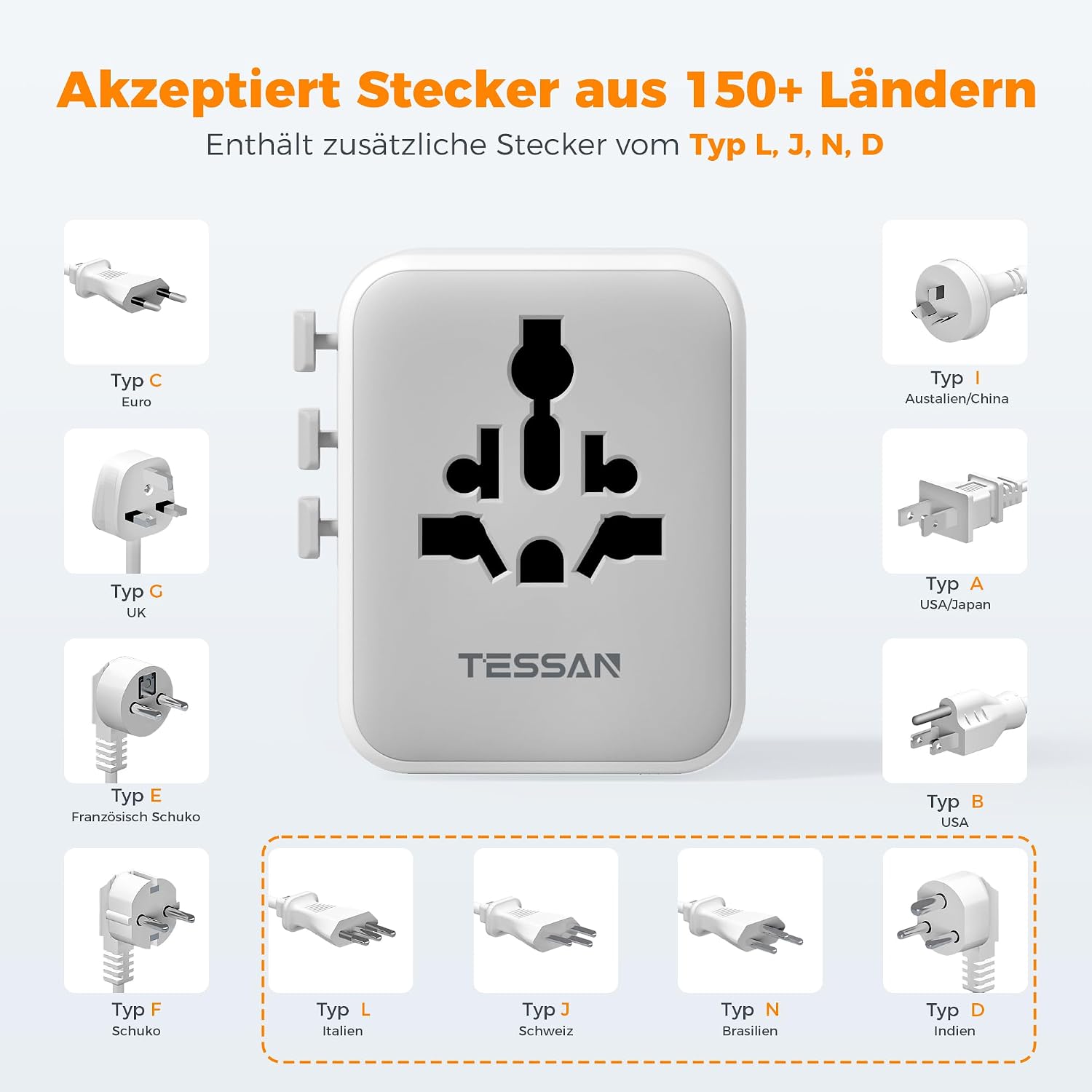 Detalle de TESSAN Weltreiseadapter mit USB‑C GaN 65 W (PD) und 5 USB – universeller Reise-Stecker für USA, UK, Japan, Australien & mehr