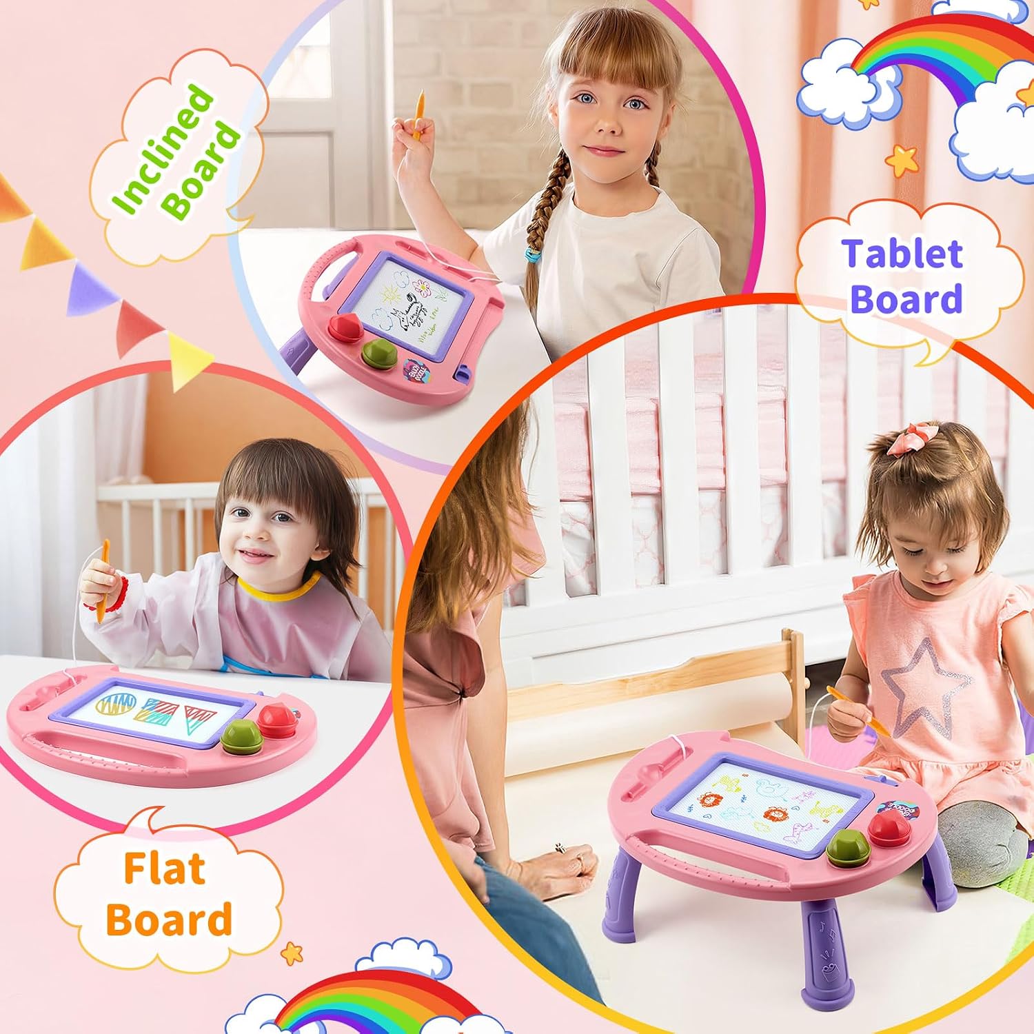 Thumbnail 6 de BABLOCVID Magnetic Drawing Board for Toddlers, 4-Color Screen, Pink