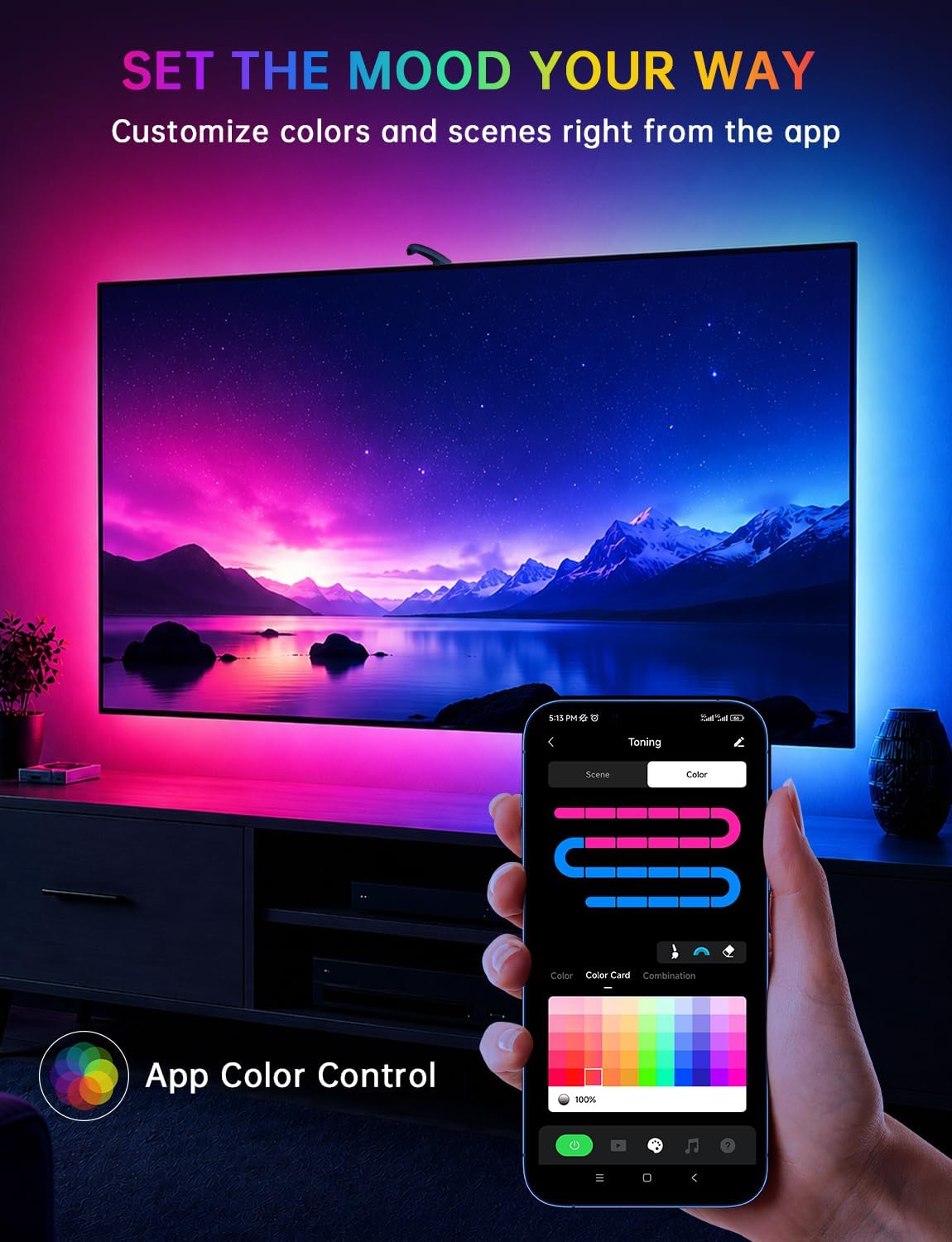 Detalle 1 de FFJ TV LED Backlight with Sensor, 14.7ft RGB Strip for 55–65-Inch TVs