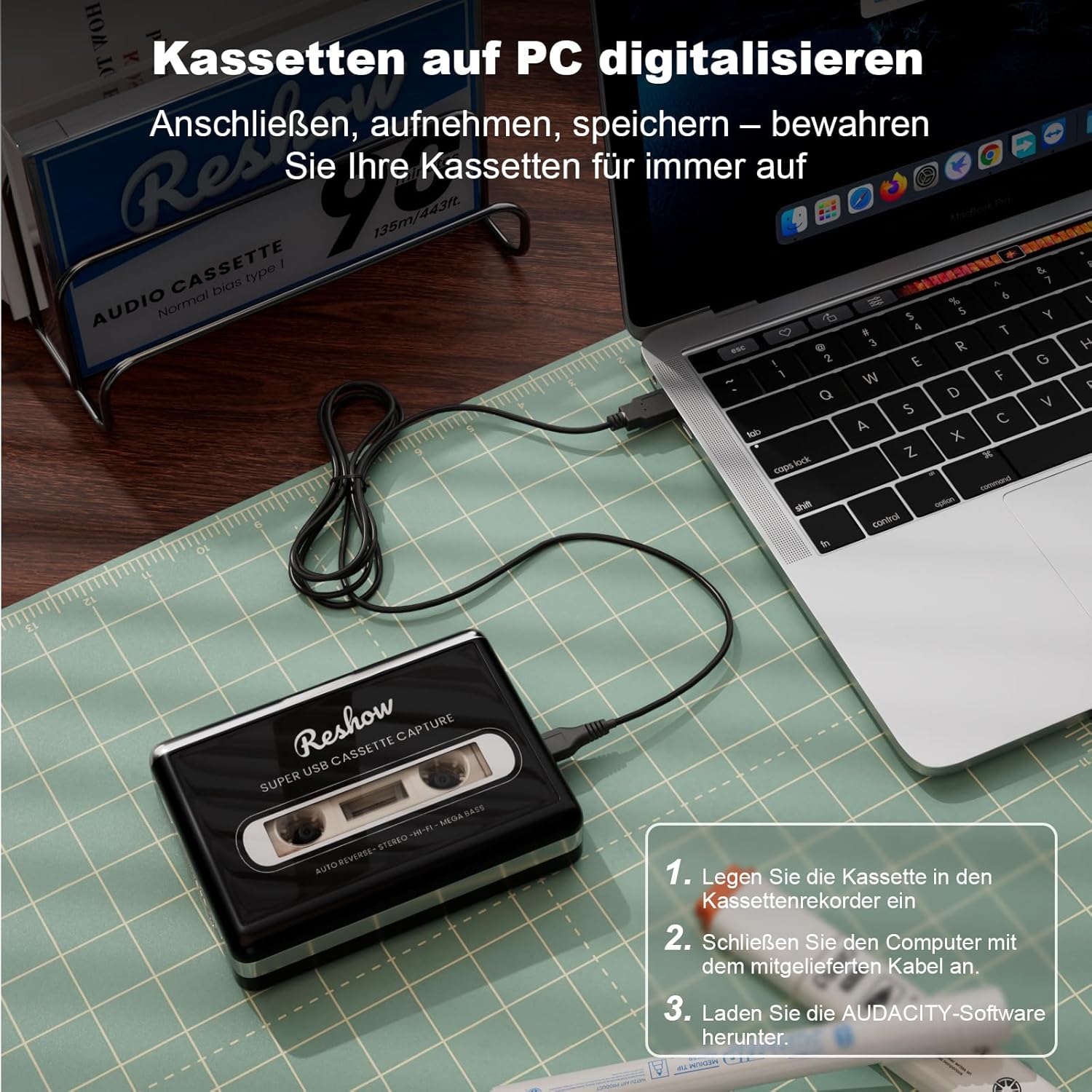 Detalle de Reshow tragbarer Kassettenspieler: Kassetten digitalisieren, MP3 aufnehmen und mobil genießen