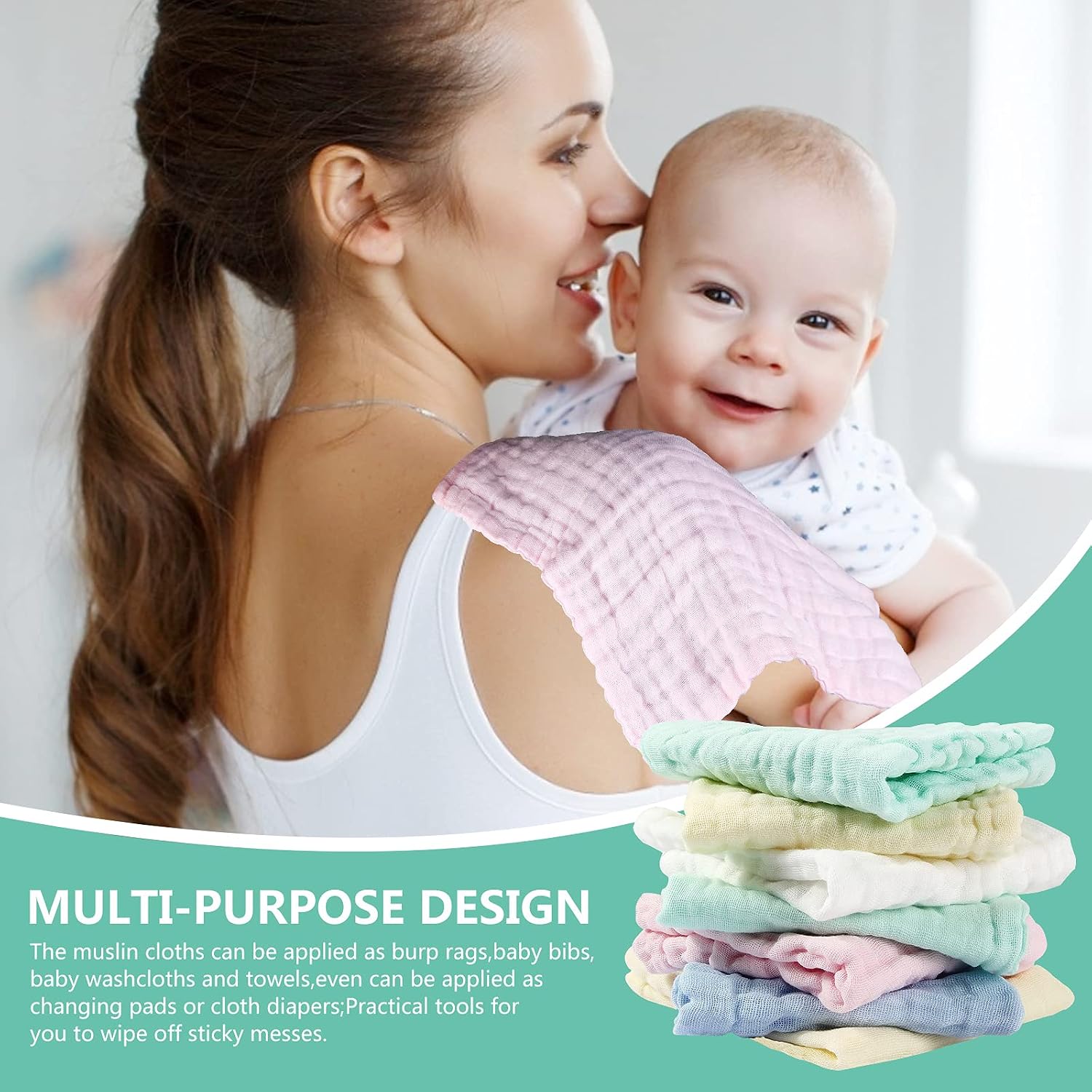 Thumbnail 3 de koo-dib Baby Muslin Squares Washcloths (10 Pack) 25x25cm – Safe, Reusable Muslin Cloths for Newborns