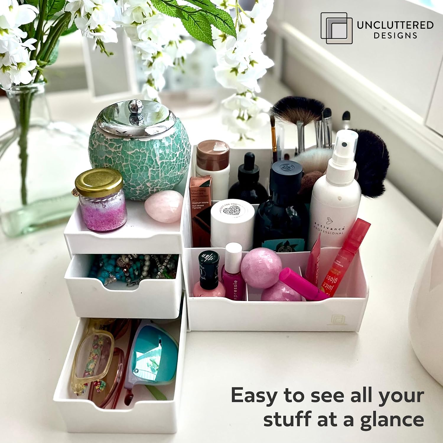 Thumbnail 2 de UNCLUTTERED DESIGNS Makeup Organizer With Drawers — Modern Countertop Storage for Cosmetics (White)