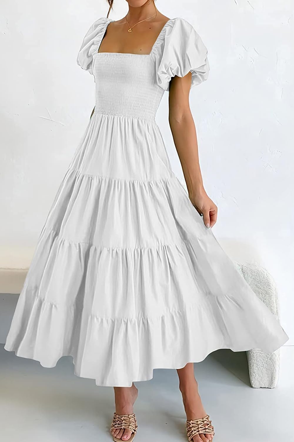 Detalle de Vcindai Damen A-Linie Kleid – Sommer Midi mit Puffärmeln