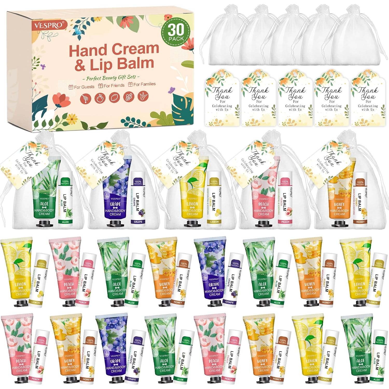 Detalle de VESPRO 30-Pack Bulk Hand Cream & Lip Balm Gift Set