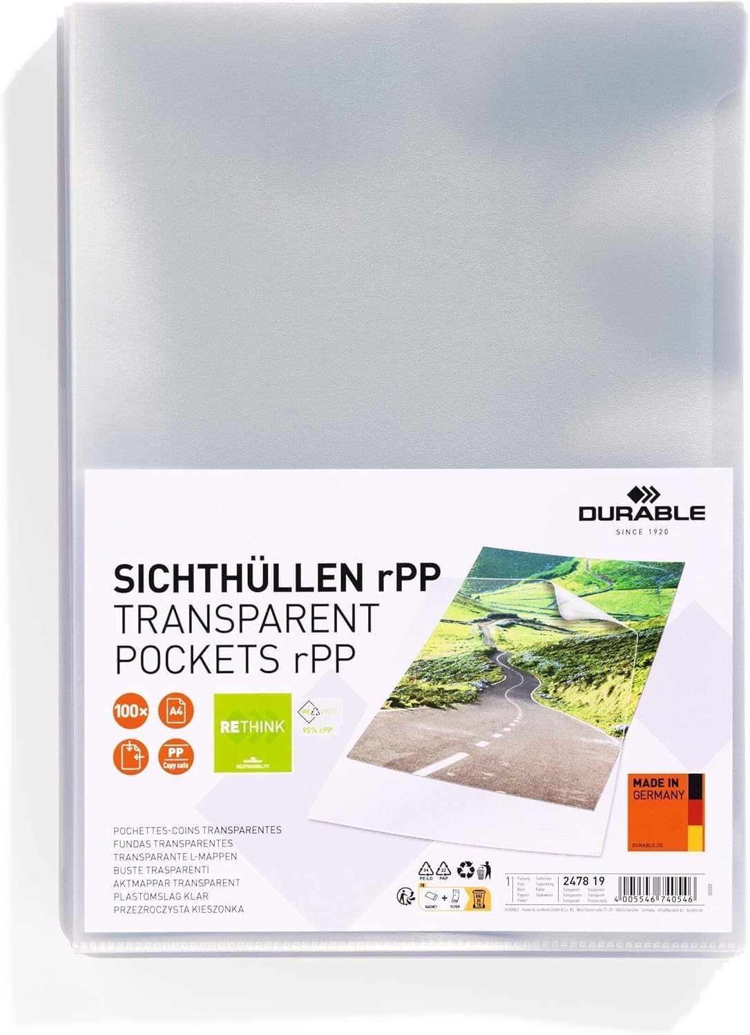 Durable Klarsichthüllen A4 aus recyceltem PP – 100 Stk., oben/rechts offen, transparent, Made in Germany