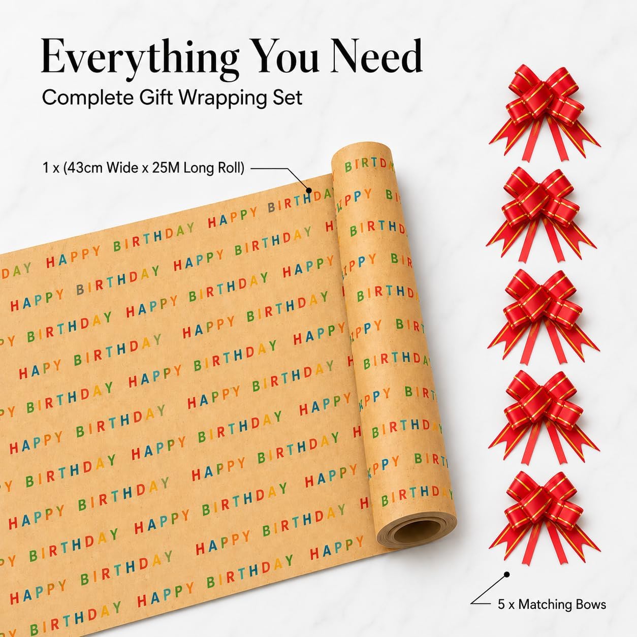 Detalle de HURUC Happy Birthday Wrapping Paper Roll 43cm x 25m with 5 Red Pull Bows