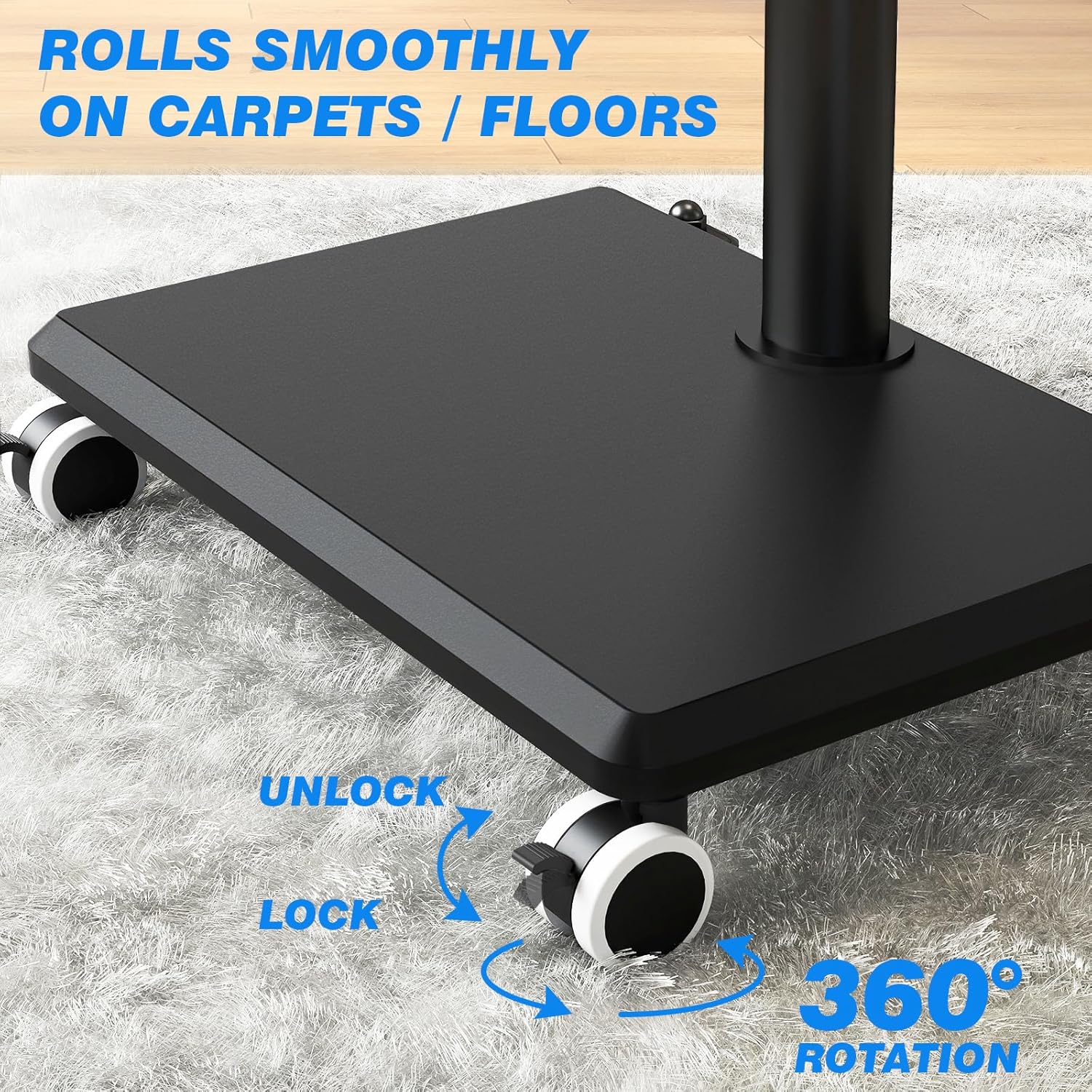 Thumbnail 4 de 5Rcom support TV sur pied à roulettes (VESA 400×400) pivotant et réglable en hauteur pour écrans 27 à 55 pouces, base en bois (noir)