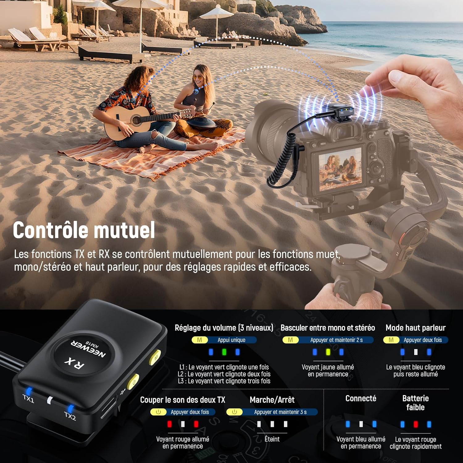 Detalle de NEEWER KM18 micro-cravate sans fil avec récepteur USB-C, boîtier de charge OTG et réduction du bruit