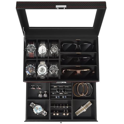 Detalle de Nestwerk Boîte à Montres Homme — Rangement 2 Niveaux avec Couvercle en Verre, 6 Emplacements et 3 Compartiments Lunettes