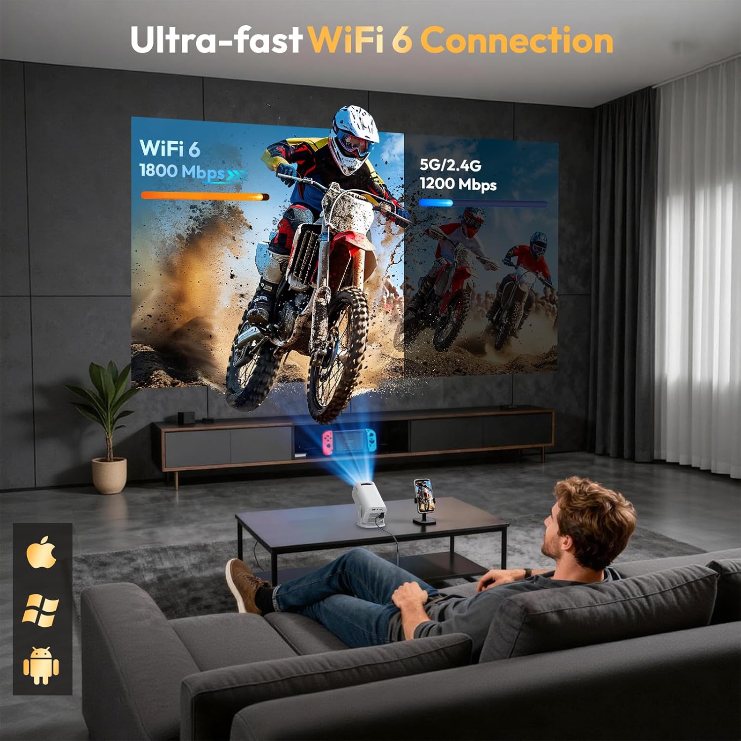 Thumbnail 4 de XGODY Mini Projector Pro 2026: 12000 Lumen Android 11, Native 720P, 4K/1080P Support, WiFi 6, Auto Keystone, 0.9:1 Short-Throw