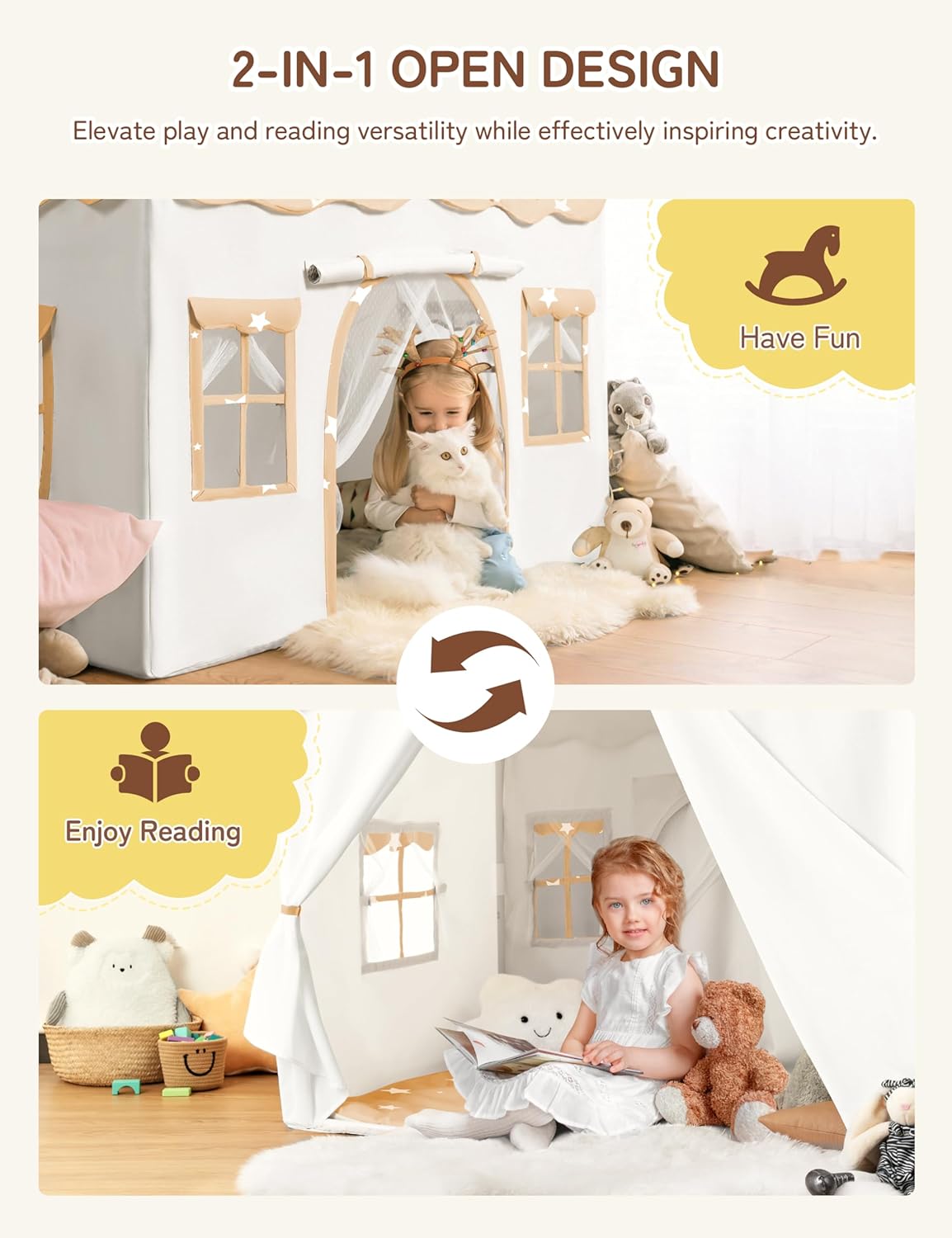 Thumbnail 1 de Besrey Kids Play Tent 2-in-1 (51 x 35 x 51 in) with Padded Mat and Lights, Double-Door Kids Playhouse