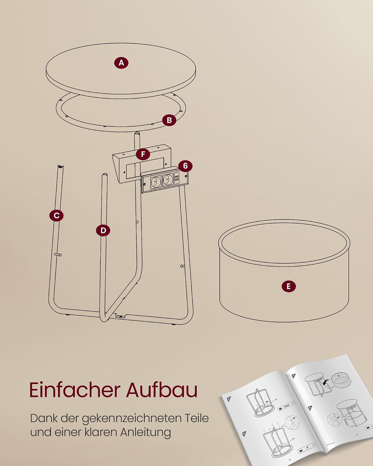 Thumbnail 6 de VASAGLE LILEA Kollektion Beistelltisch rund LET228W02 – kompakter Couchtisch mit Korb und Steckdose