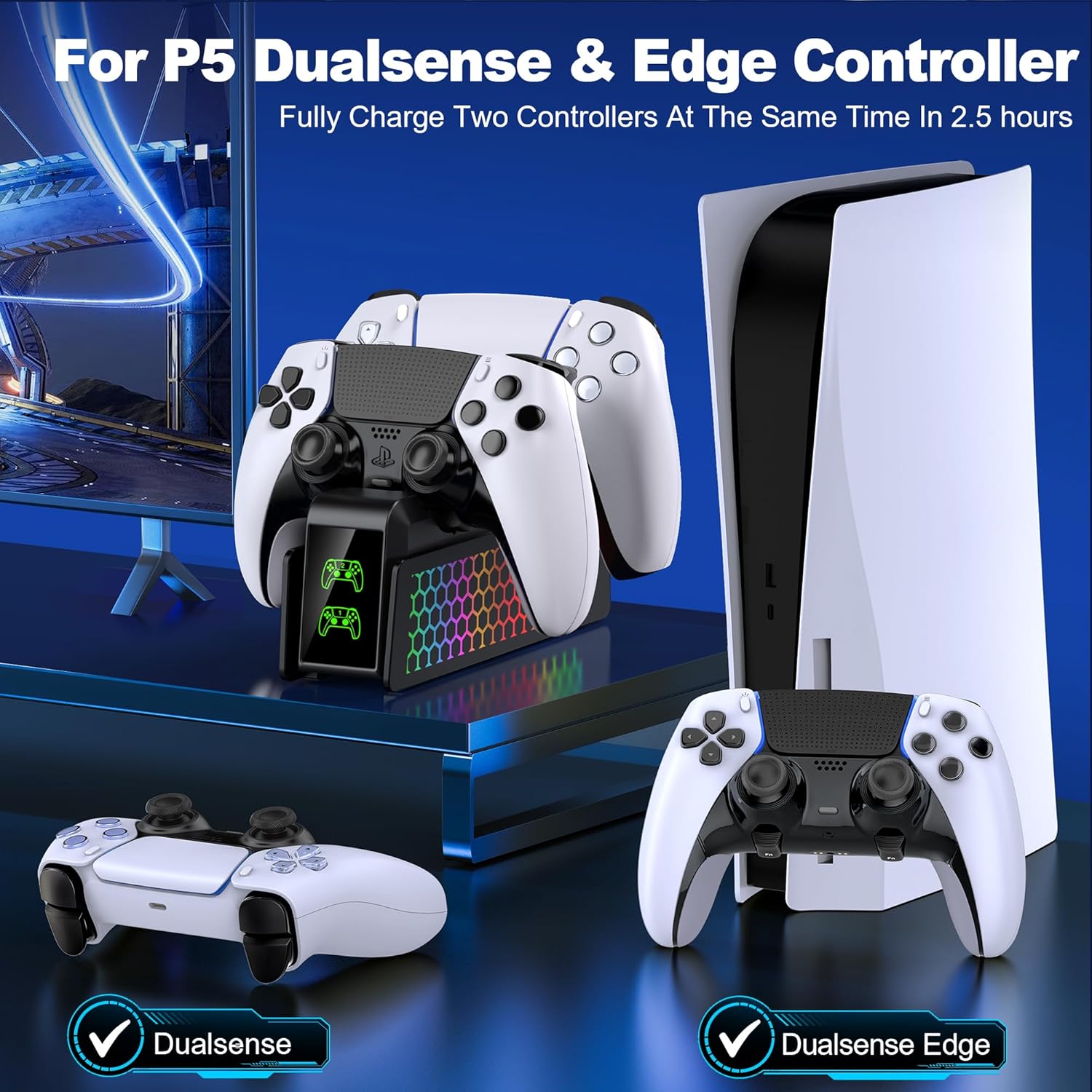 Detalle de PS5 Controller Ladestation mit RGB-Beleuchtung und 2‑Kanal Ladefunktion