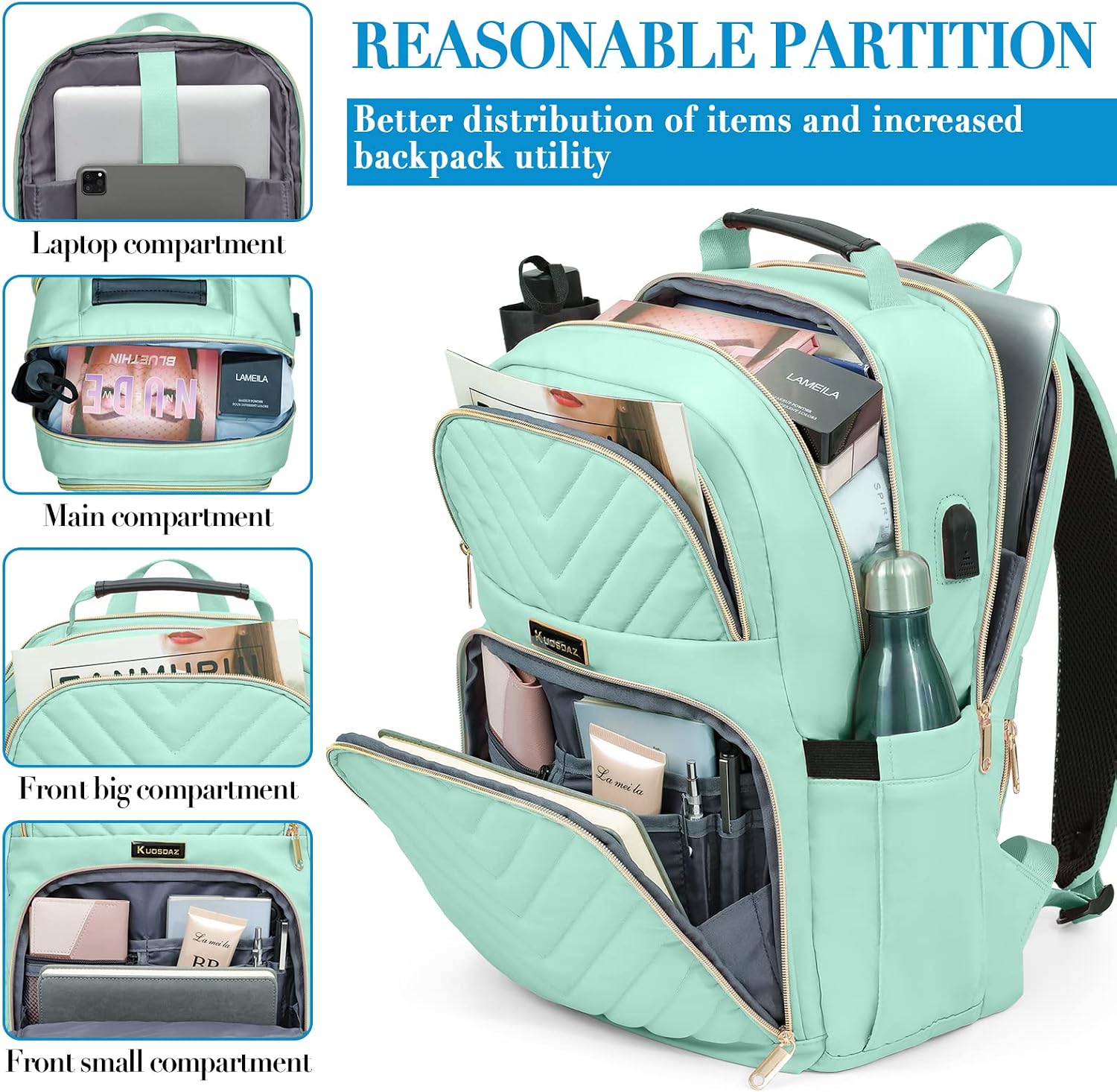 Detalle 2 de Travel Laptop Backpack for Teens (15.6 inch) with Charging Port, 25L Quilted Work Bag – Teal