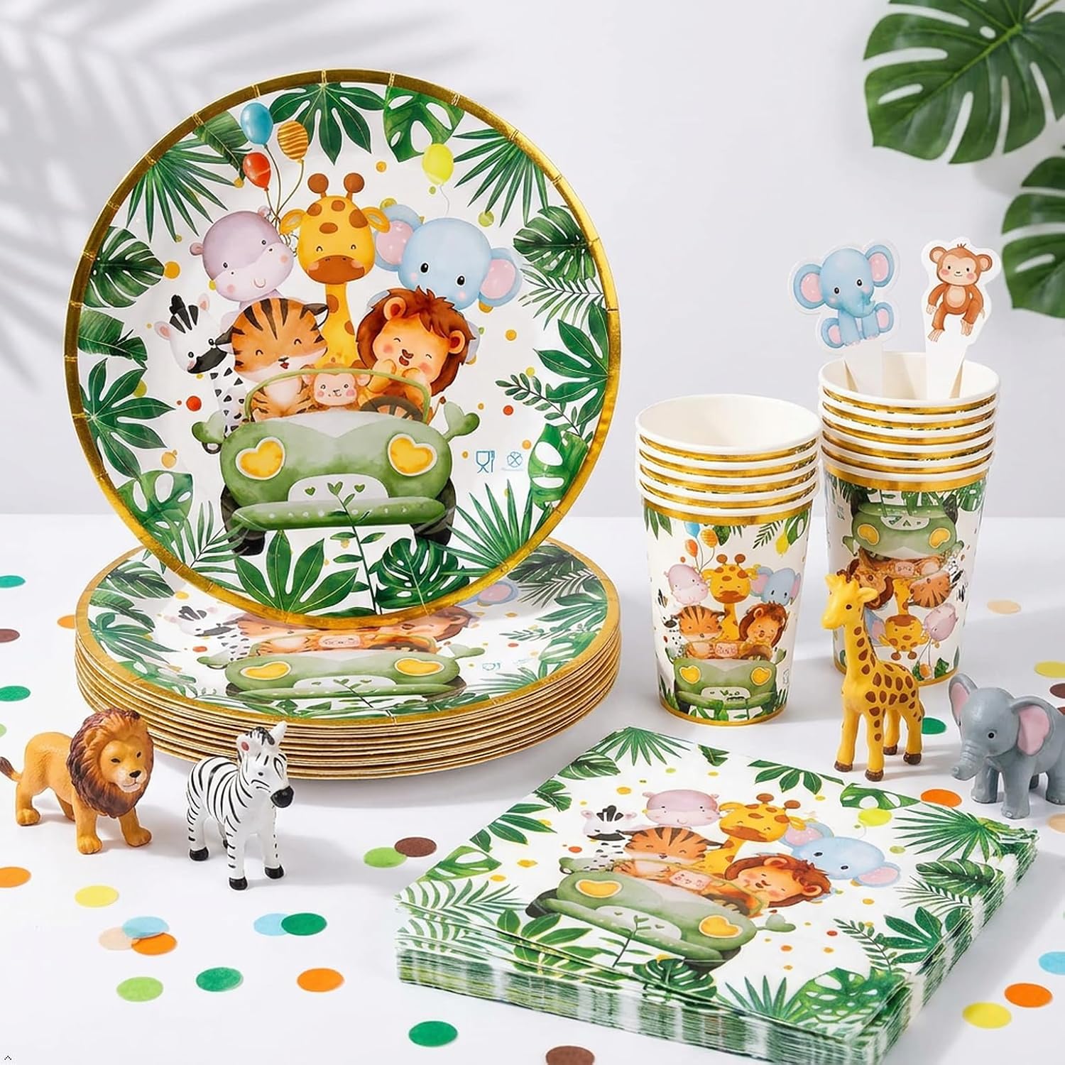 Detalle de Ophy Set stoviglie per feste Jungle Safari, 134 pezzi con striscione e decorazioni per bambini