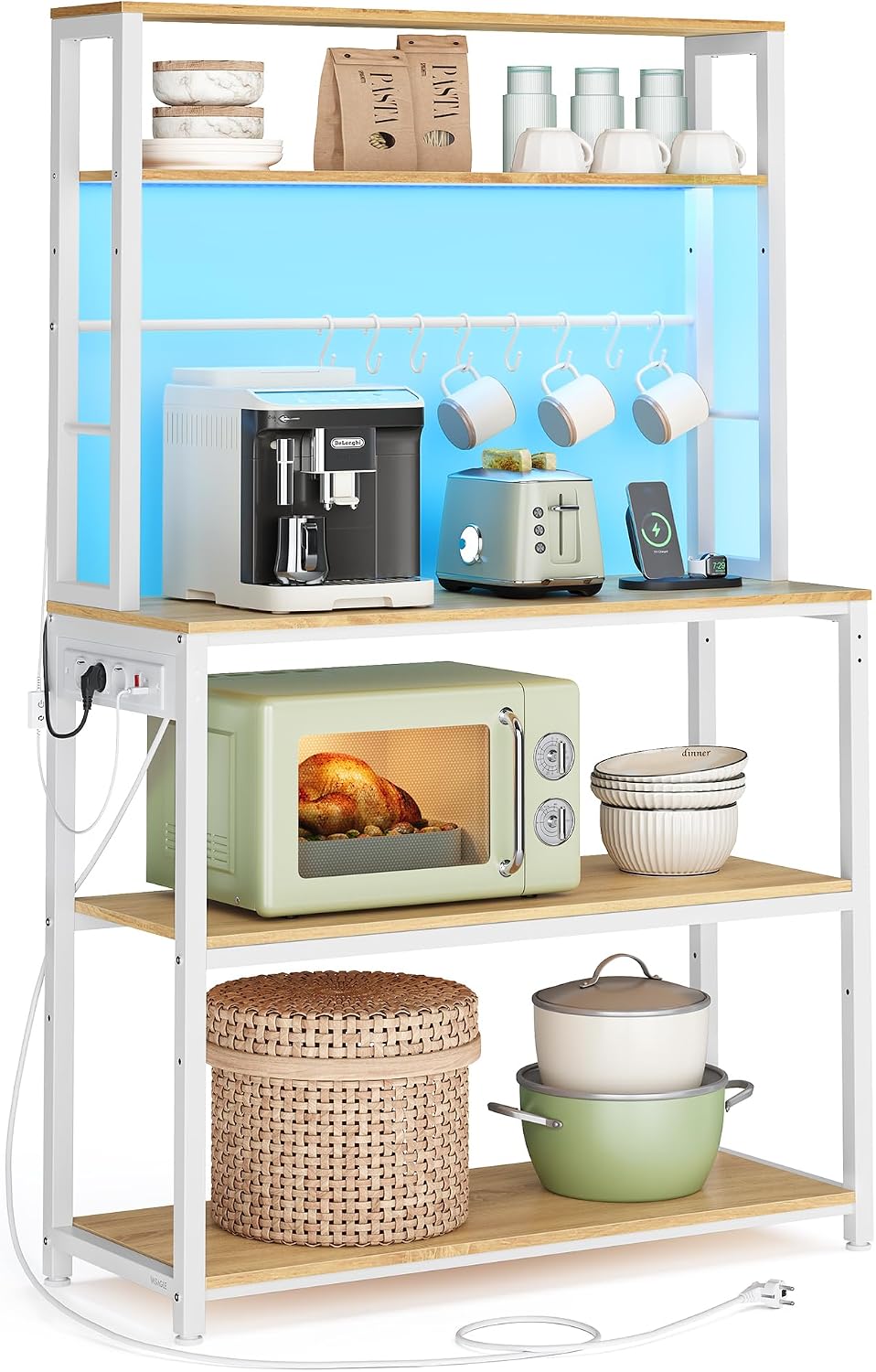 VASAGLE étagère de cuisine avec LED et multiprise KKS050YA01 (40 x 80 x 168,4 cm) – doré chêne et blanc mat