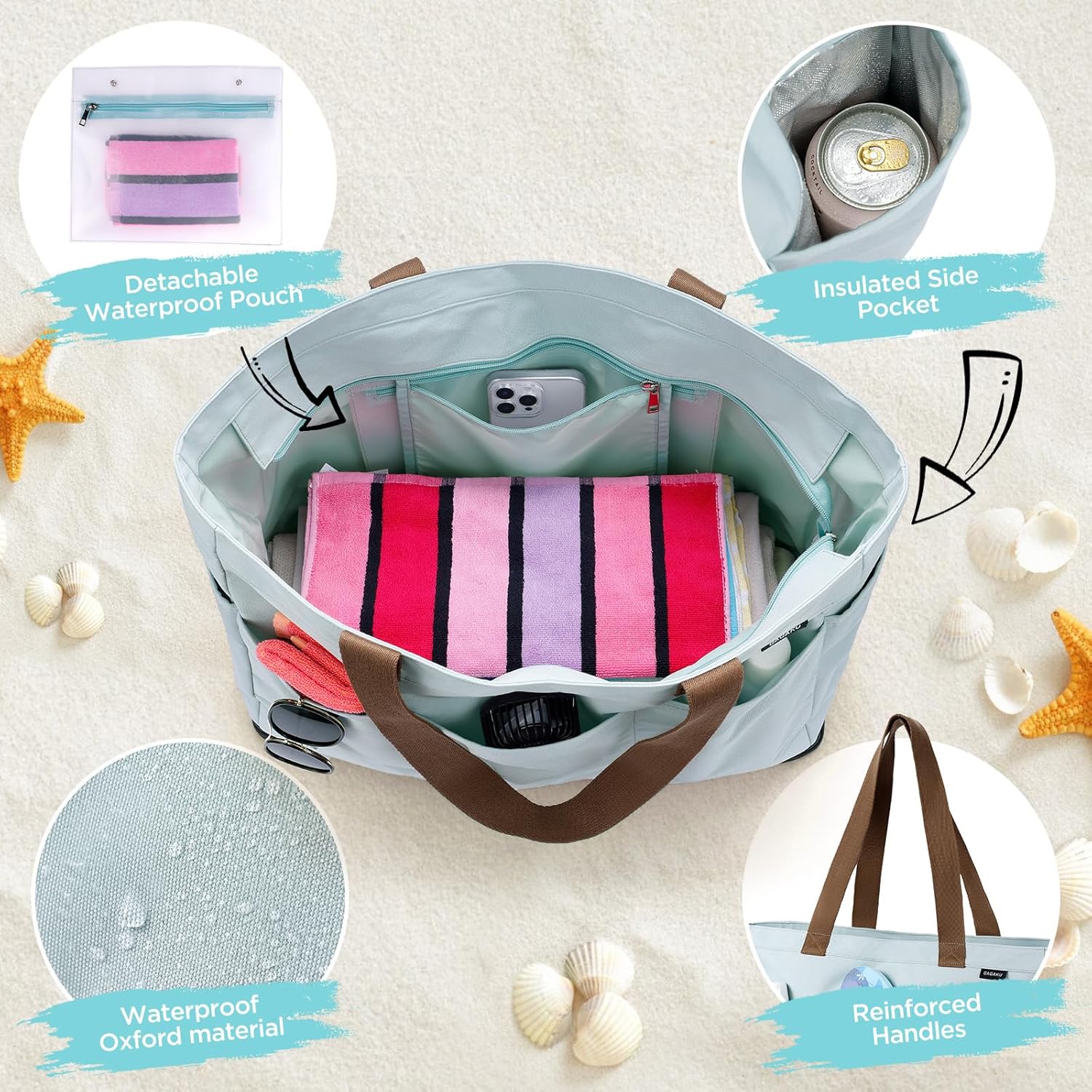 Detalle de GAGAKU Sac de plage XXL avec compartiment isotherme et grande capacité – bleu