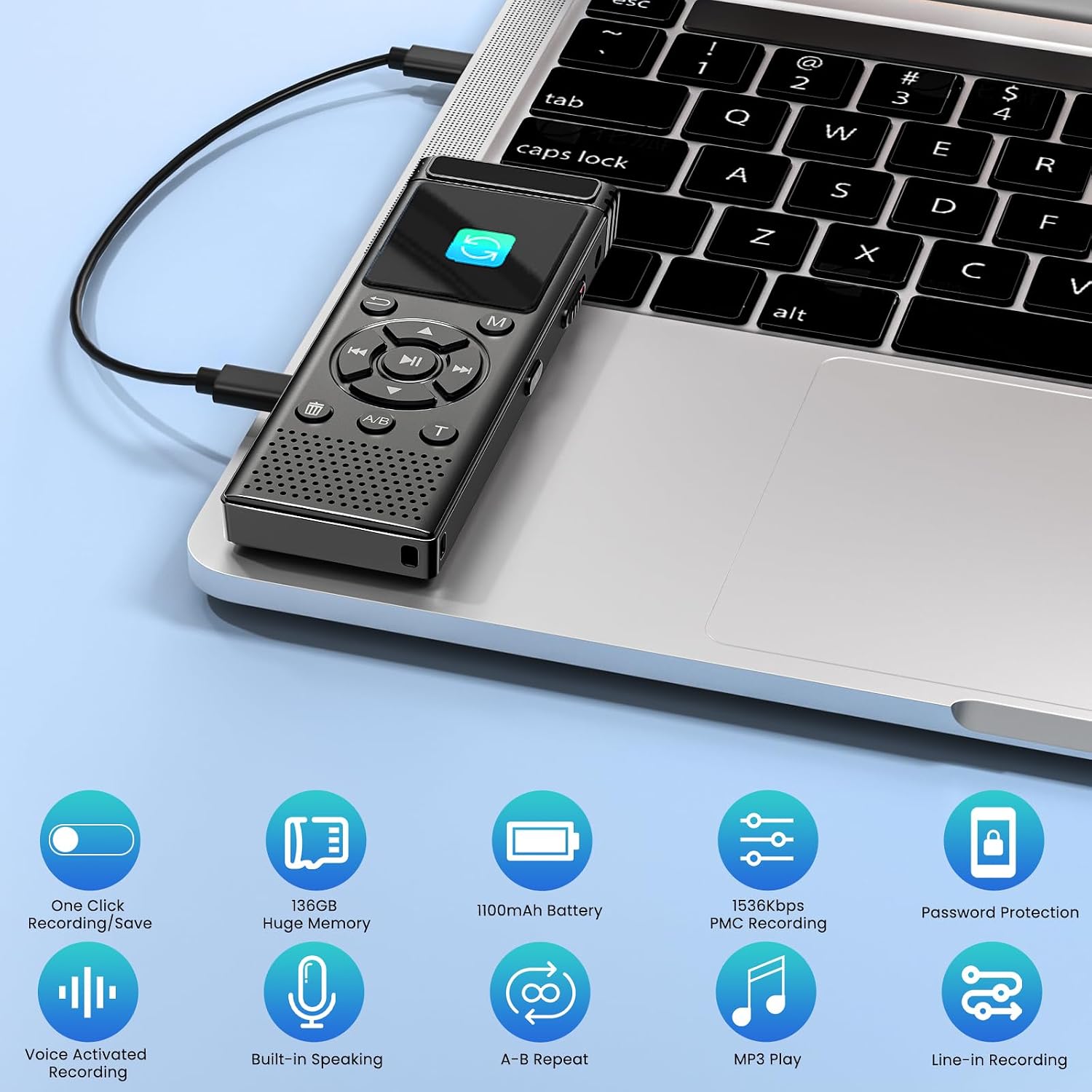 Detalle de Tonfarb A20 Digital Voice Recorder, 136GB, Voice Activation and A-B Repeat