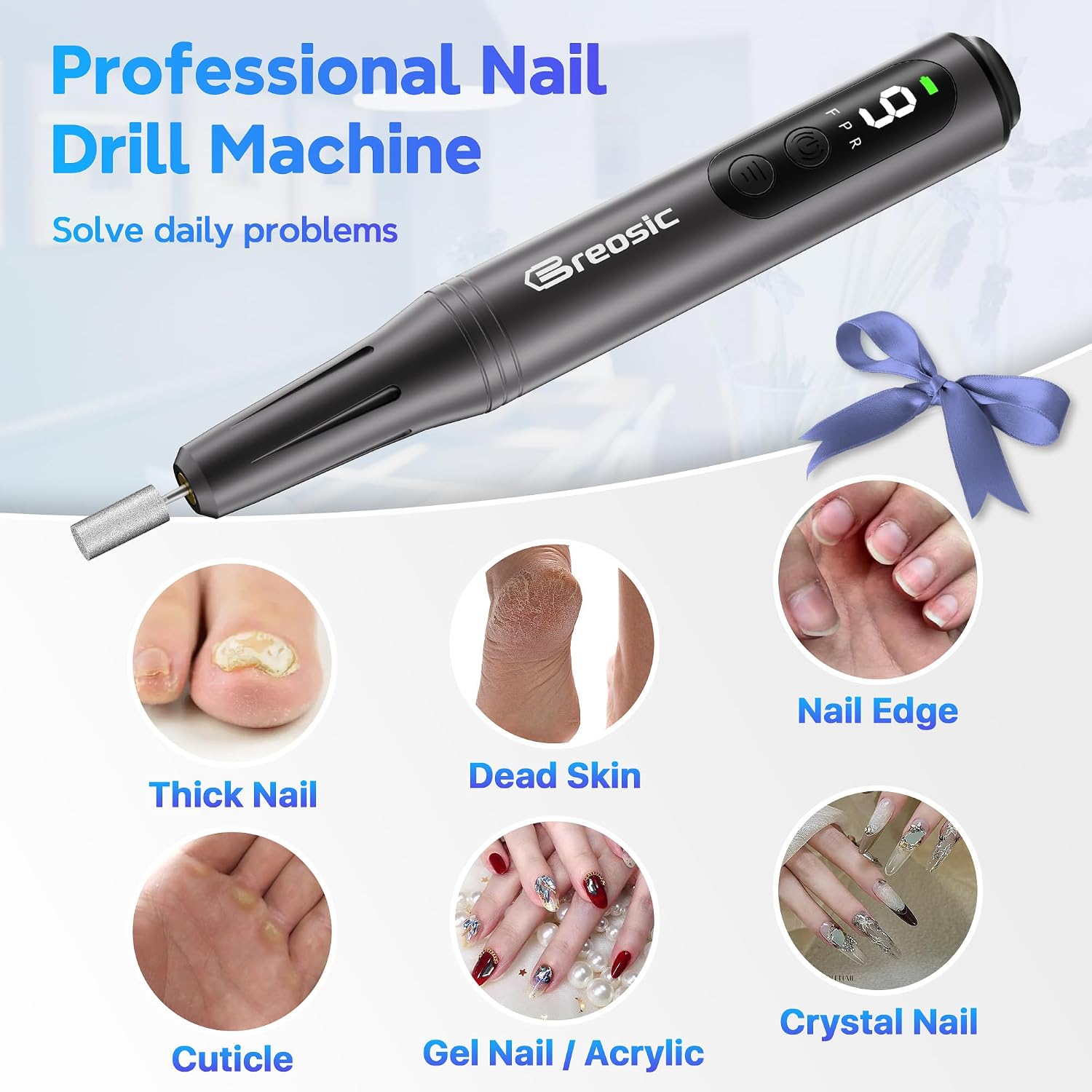 Thumbnail 5 de Breosic Electric Nail Drill Kit, 35,000 RPM, Cordless, 9 Speeds, LED Display