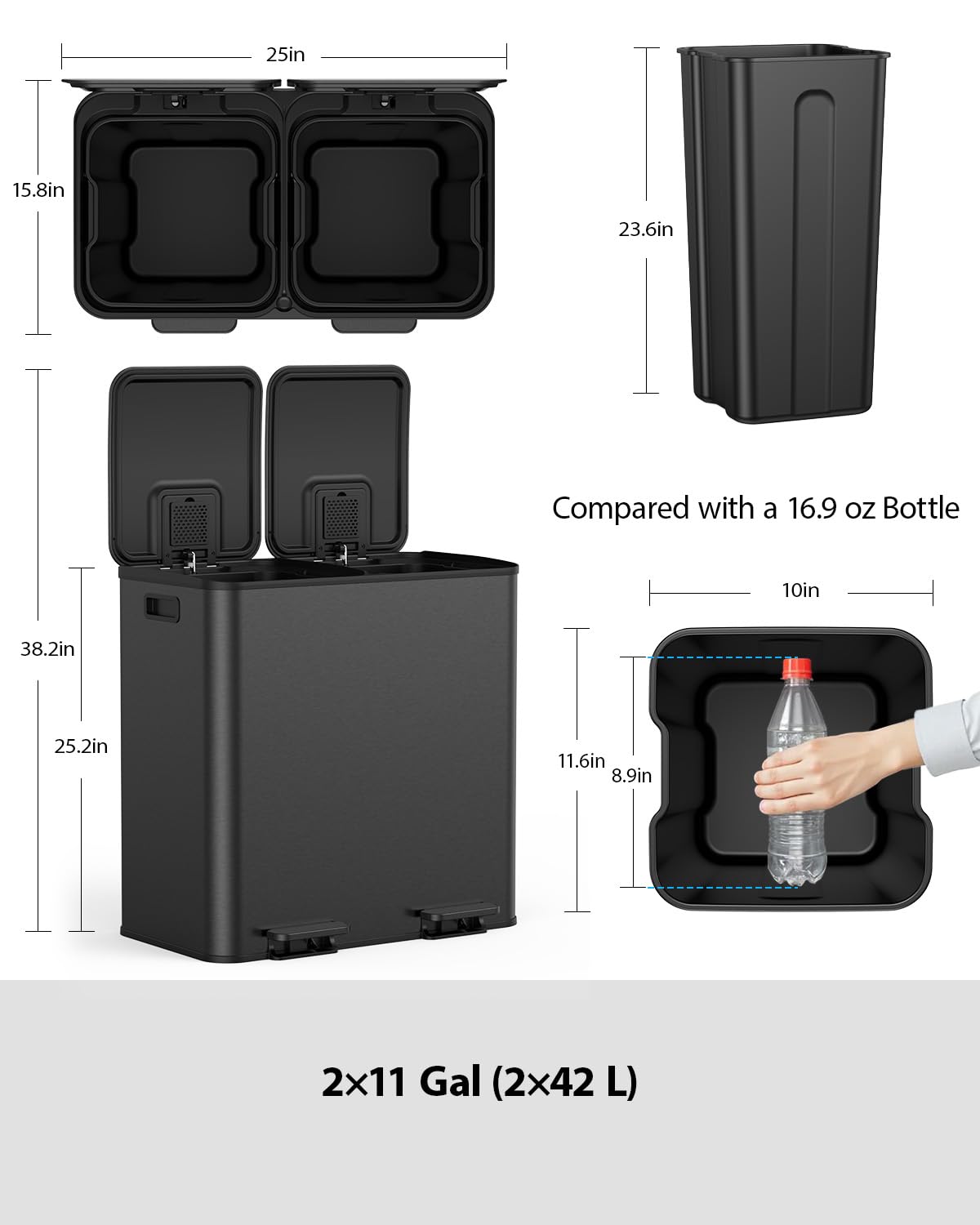 Thumbnail 5 de Lovewind Dual-Compartment Trash Can, 22-Gallon Stainless Steel, Quiet-Close, Black