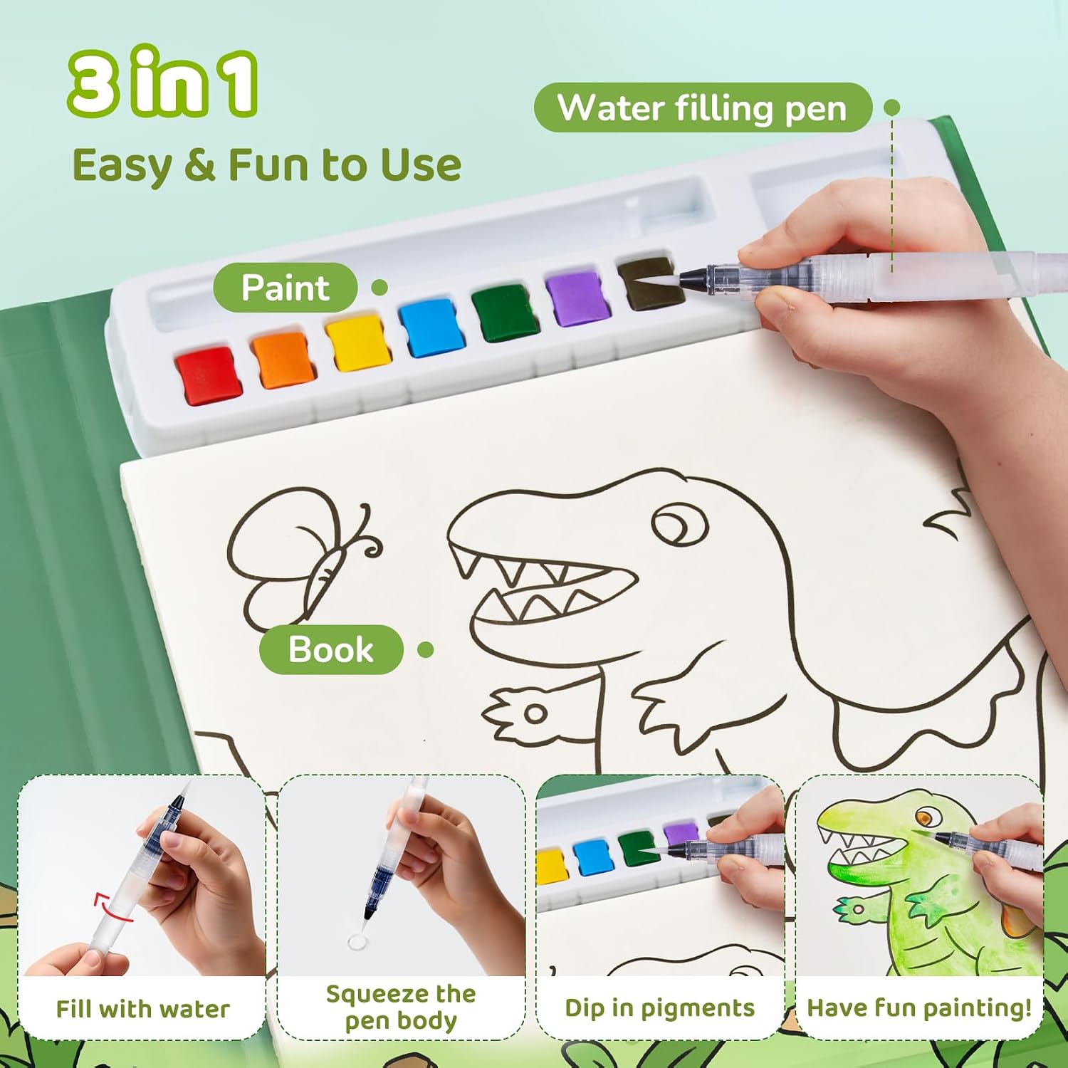 Detalle de JoyCat Malbuch mit Wasserfarben für Kleinkinder (Grün) – 3-in-1-Aquarellset für Kreativität und Fingerfertigkeit