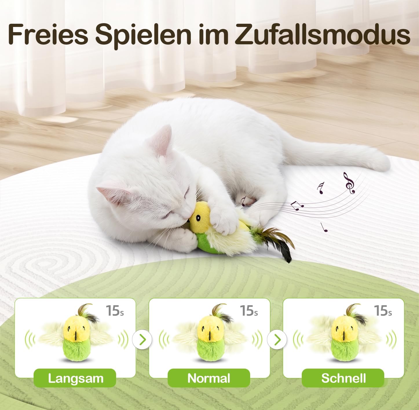 Detalle de Migipaws elektrisches interaktives Katzenspielzeug mit echten Flügeln, Zwitschern & Katzenminze (wiederaufladbar, grün)