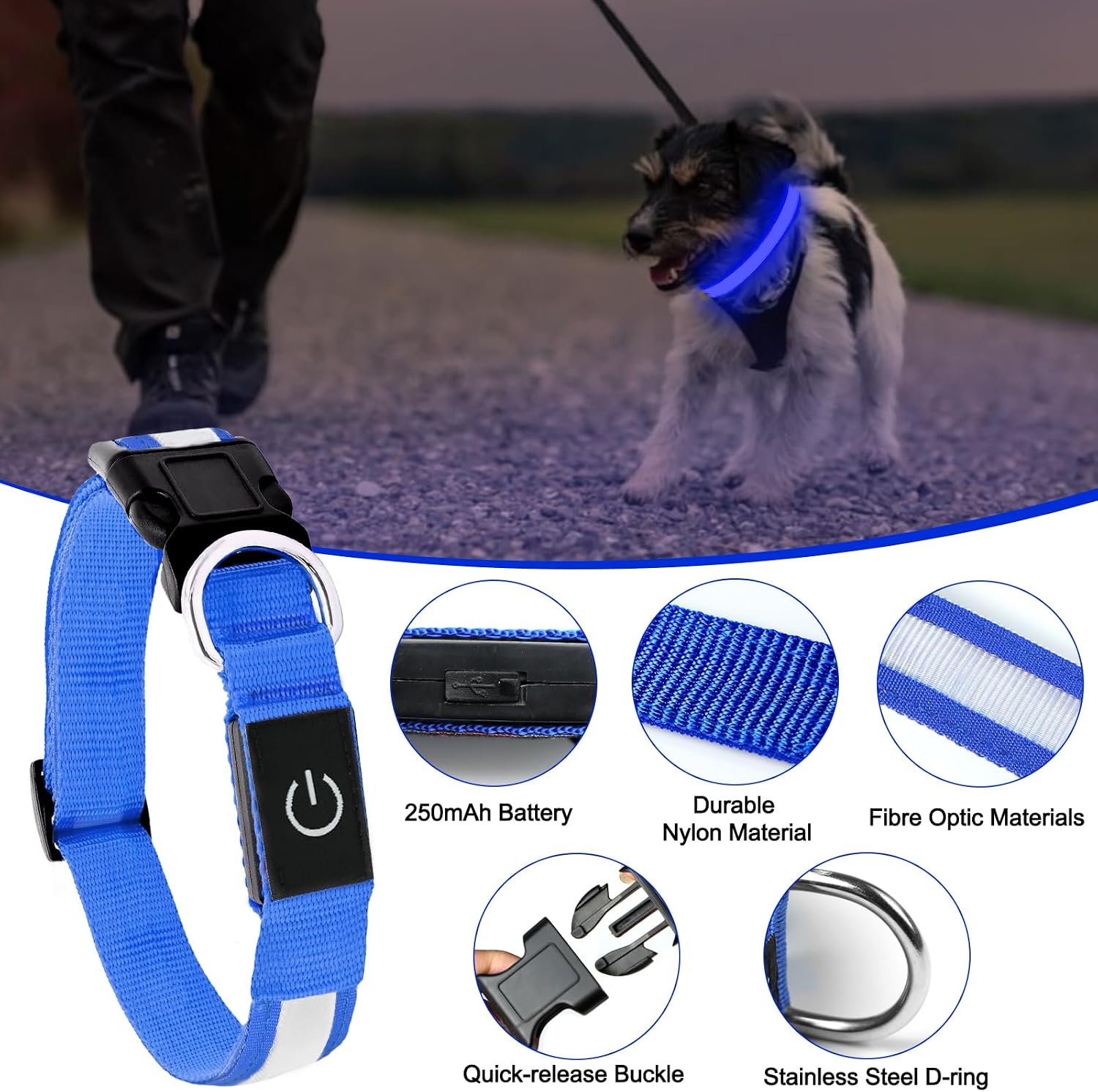 Detalle de Nepfaivy Light Up Dog Collar (Blue-L) with USB Rechargeable LED Lights and 3 Glow Modes